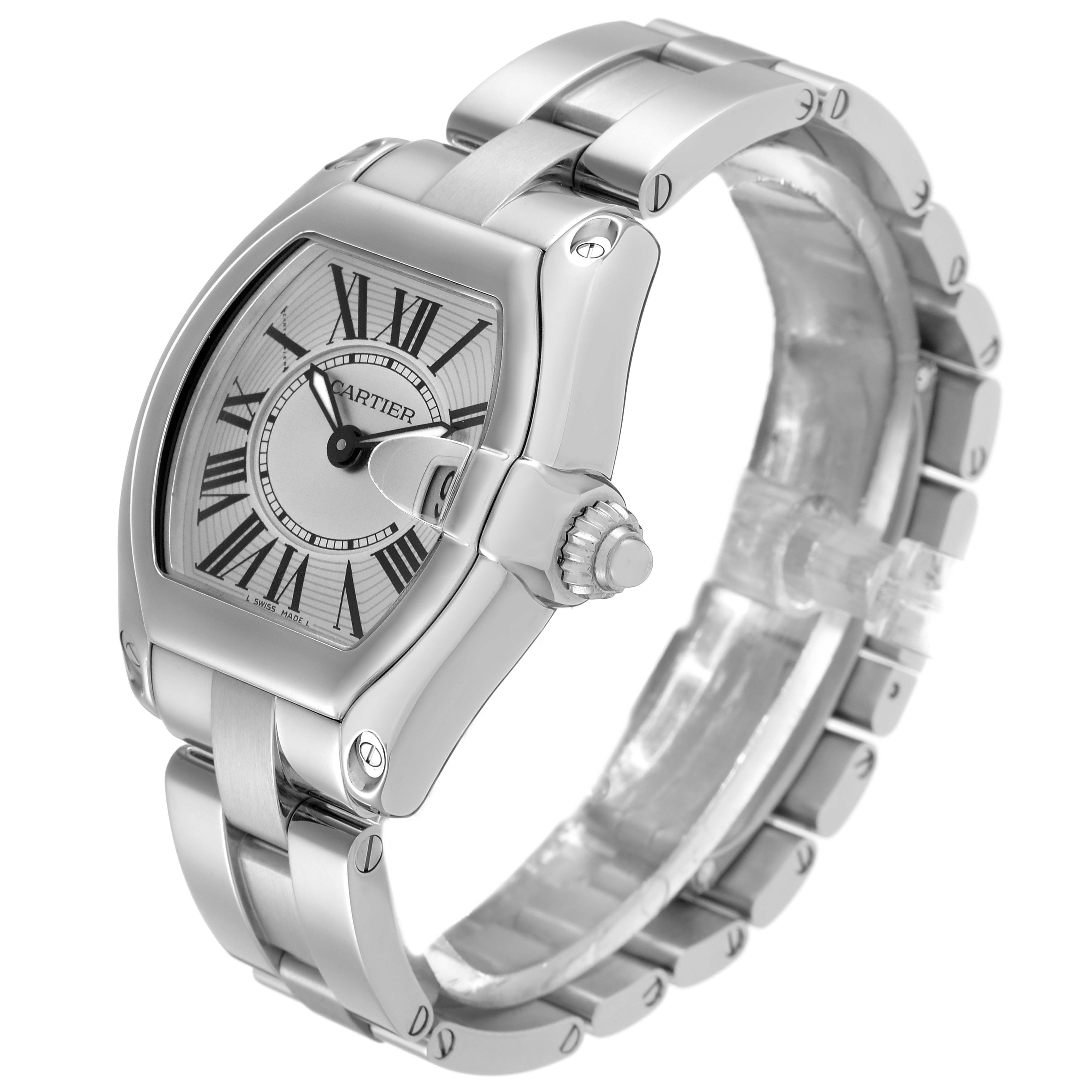 The Cartier Roadster W62016V3 Women
s Stainless Steel Silver Dial watch is shown at an angle displaying the face, bezel, crown, and bracelet.