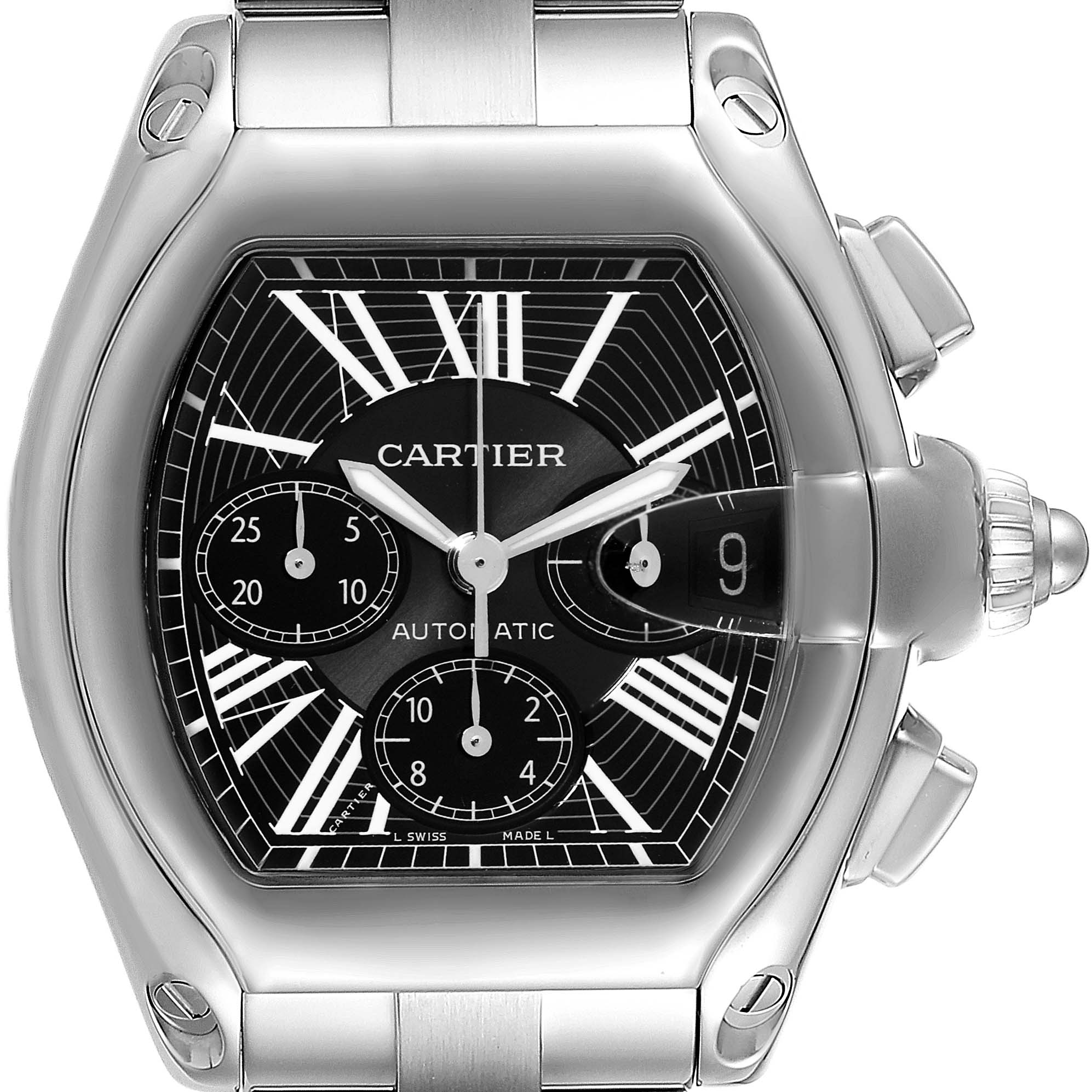 This Cartier Roadster W62020X6 Men's Stainless Steel Black Dial W62020X6 Men's Stainless Steel Black Dial watch is shown from a front angle, detailing the face, bezel, crown, and part of the bracelet.