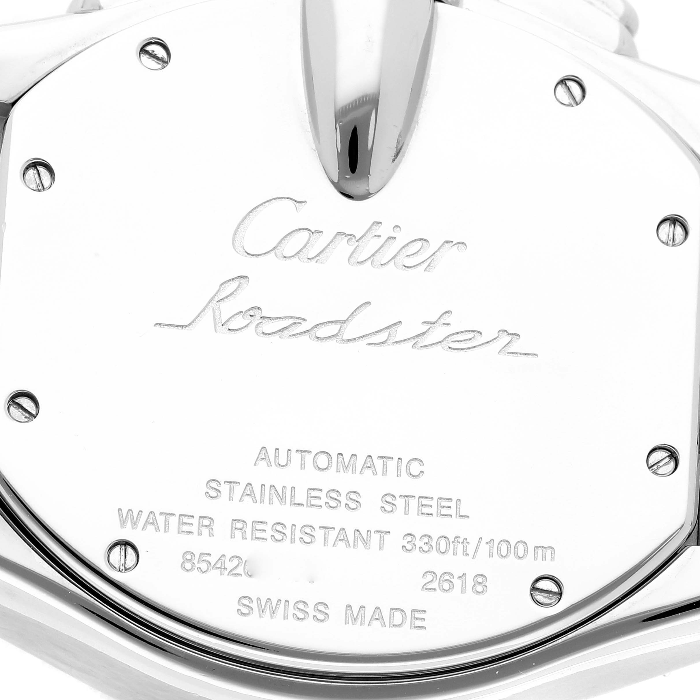 The image shows the back case of the Cartier Roadster W62020X6 Men's Stainless Steel Black Dial W62020X6 Men's Stainless Steel Black Dial watch, displaying its specifications and brand engraving.