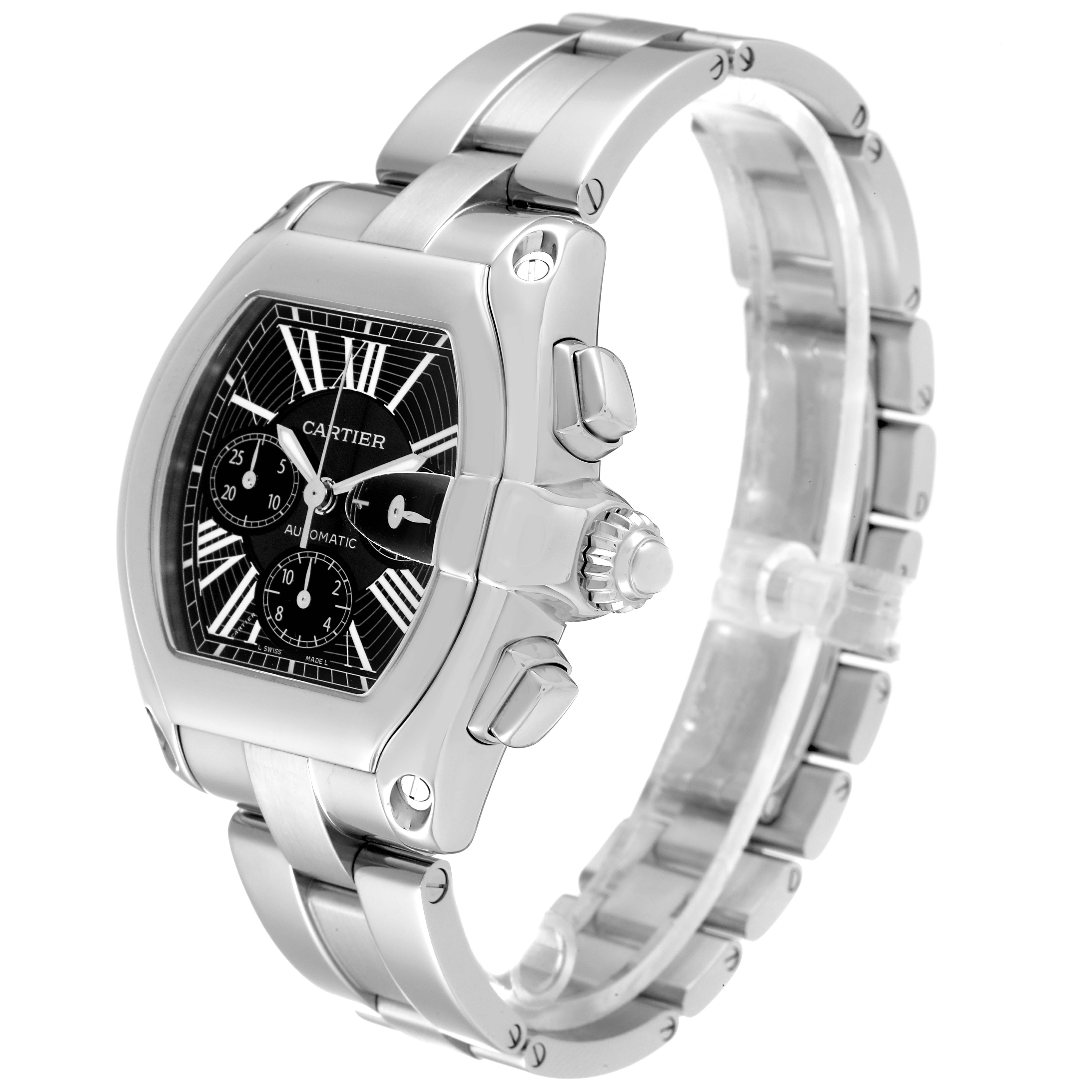 The Cartier Roadster W62020X6 Men's Stainless Steel Black Dial W62020X6 Men's Stainless Steel Black Dial watch is shown at an angle displaying its face, crown, and bracelet.