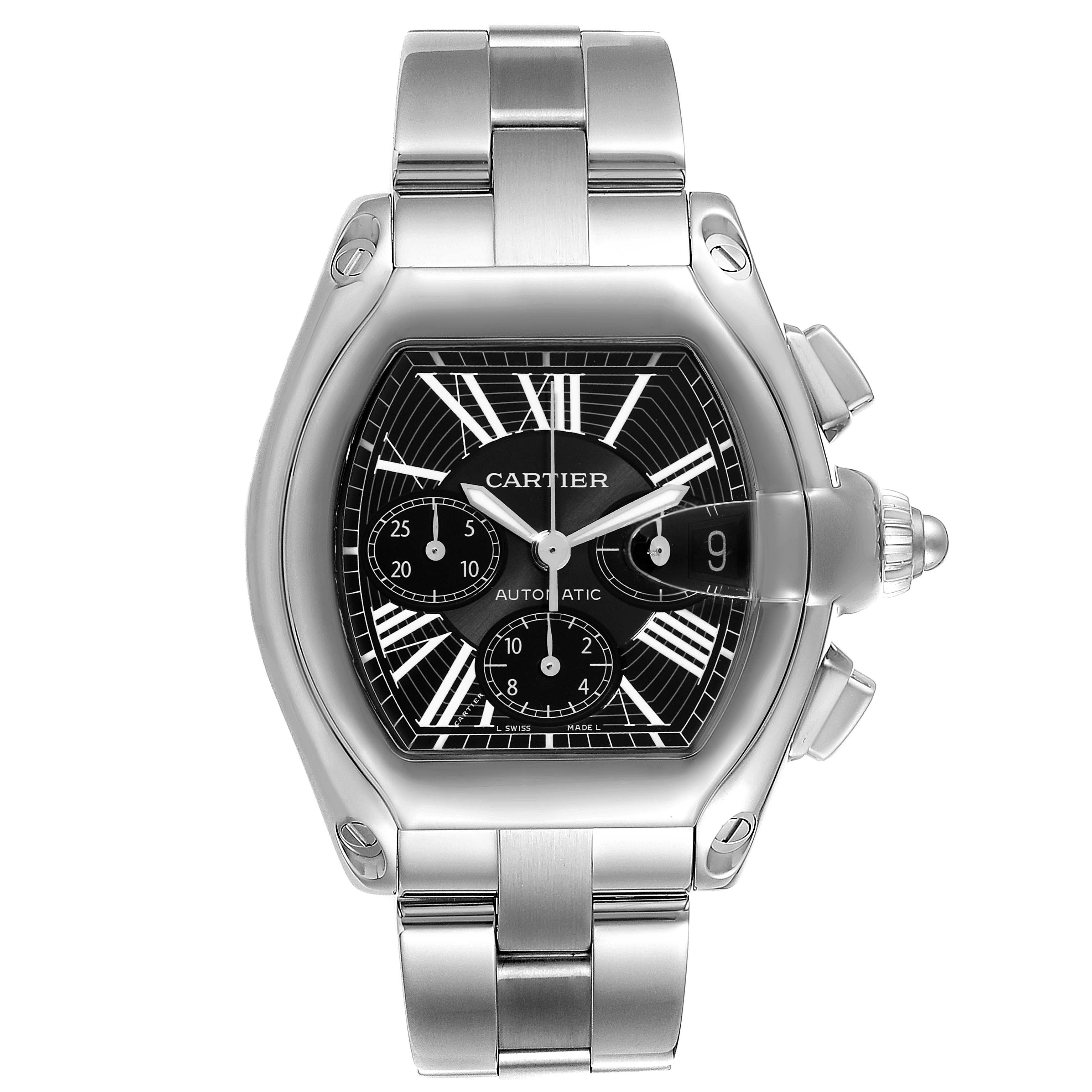 The image shows a Cartier Roadster W62020X6 Men's Stainless Steel Black Dial W62020X6 Men's Stainless Steel Black Dial watch from a front angle, showcasing its face, bezel, and metal bracelet.