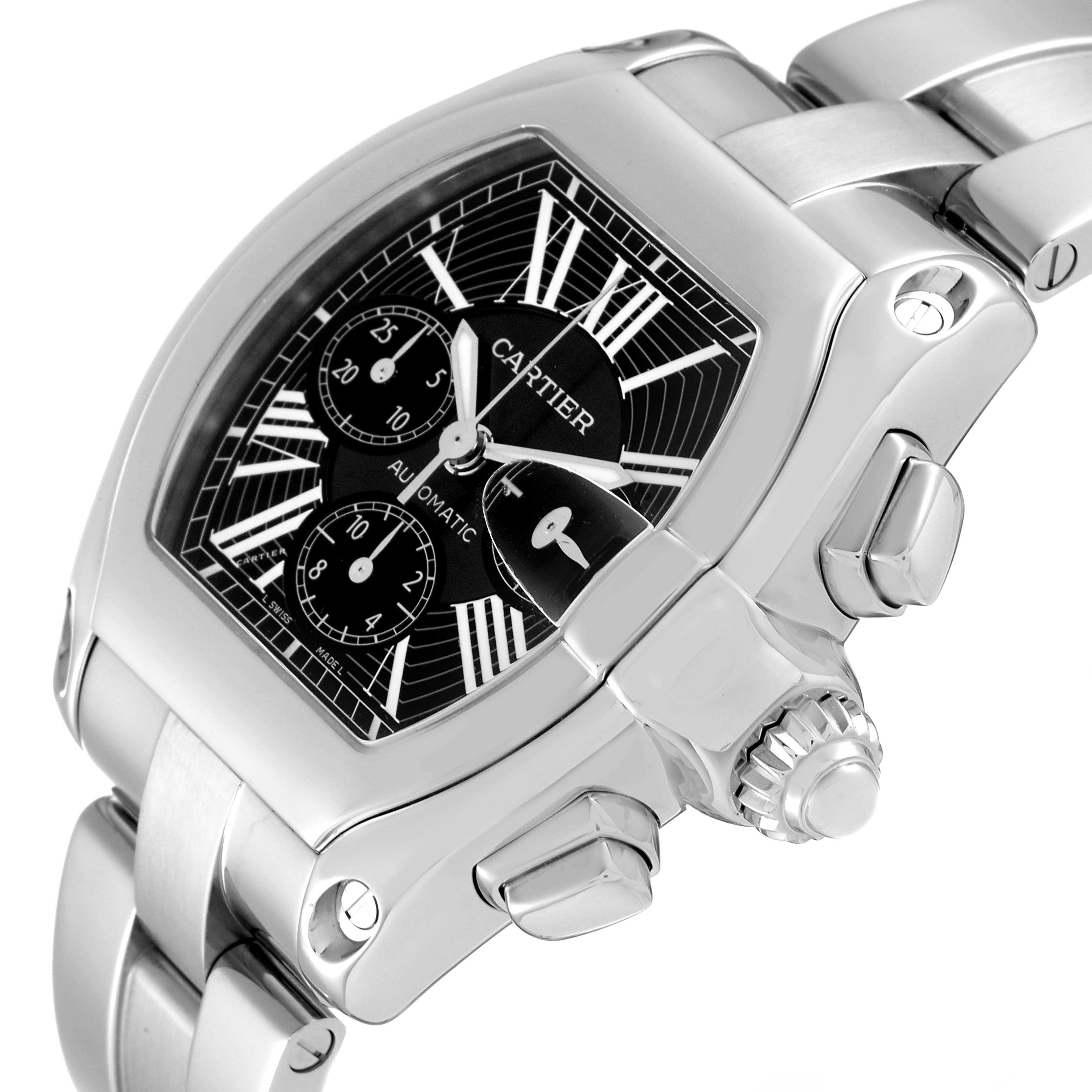 The Cartier Roadster W62020X6 Men's Stainless Steel Black Dial W62020X6 Men's Stainless Steel Black Dial watch is shown at an angle displaying the face, crown, and part of the bracelet.