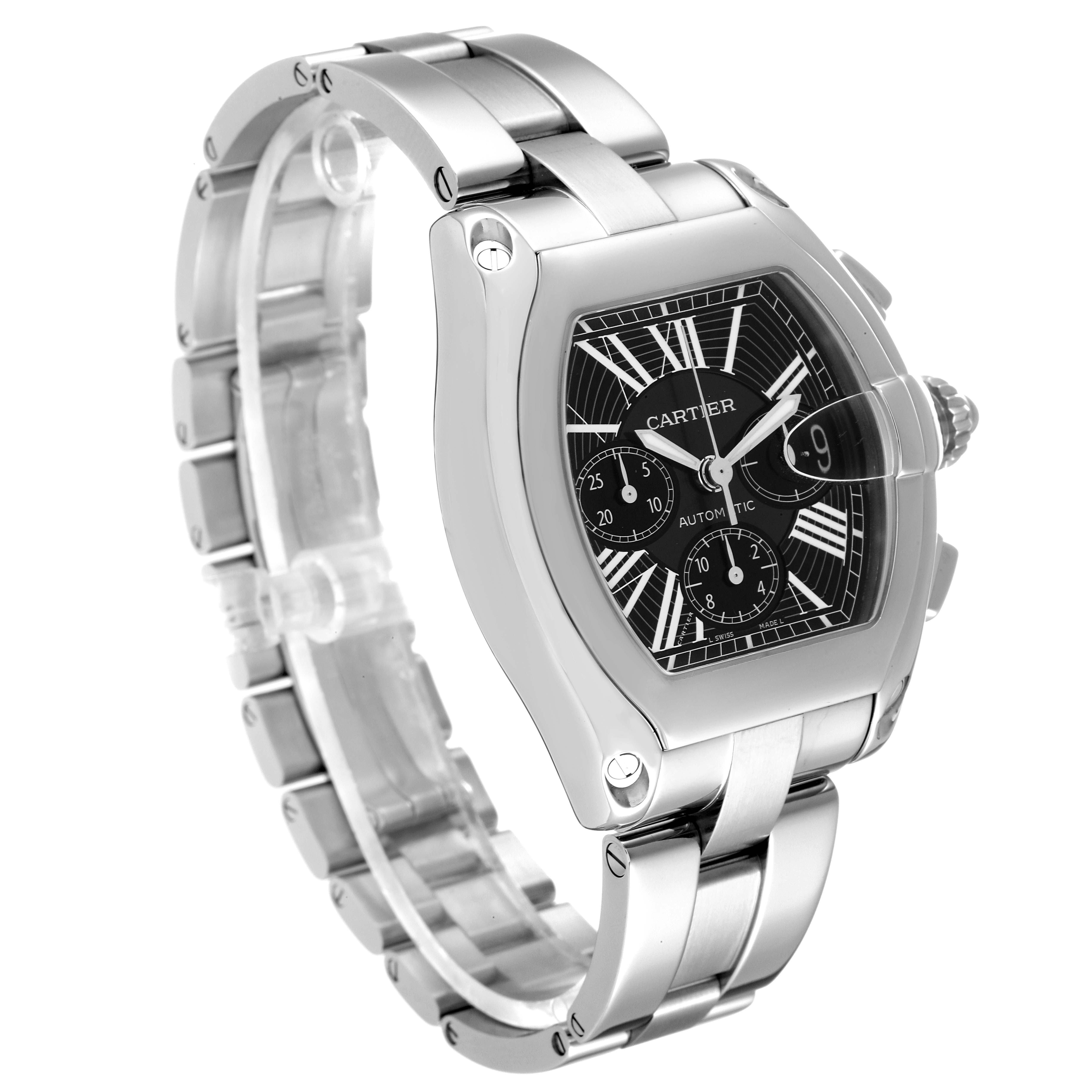 The image shows a Cartier Roadster W62020X6 Men's Stainless Steel Black Dial W62020X6 Men's Stainless Steel Black Dial watch at an oblique angle displaying the dial, case, and part of the bracelet.