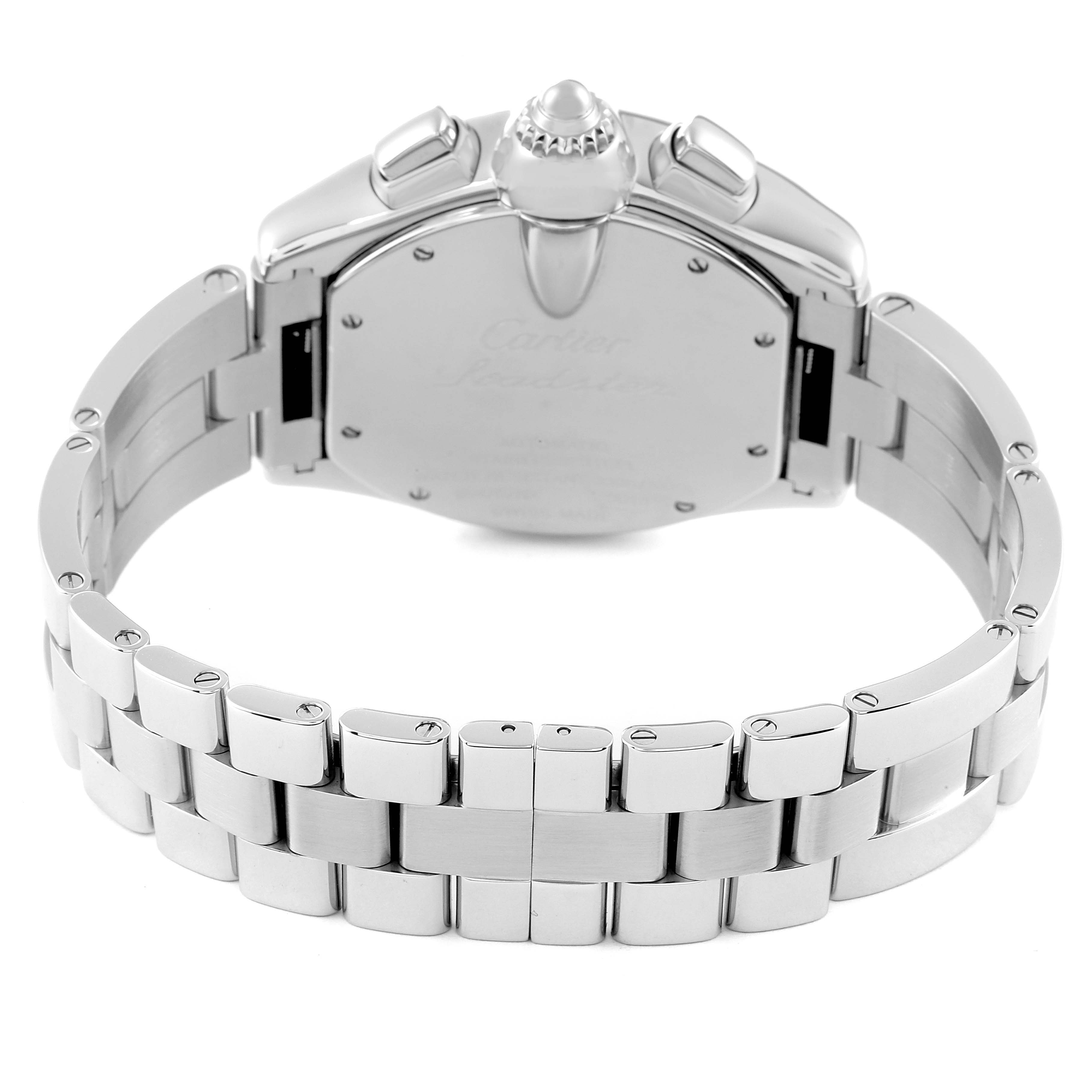 This image shows the back view of the Cartier Roadster W62020X6 Men's Stainless Steel Black Dial W62020X6 Men's Stainless Steel Black Dial watch, highlighting the clasp and bracelet.