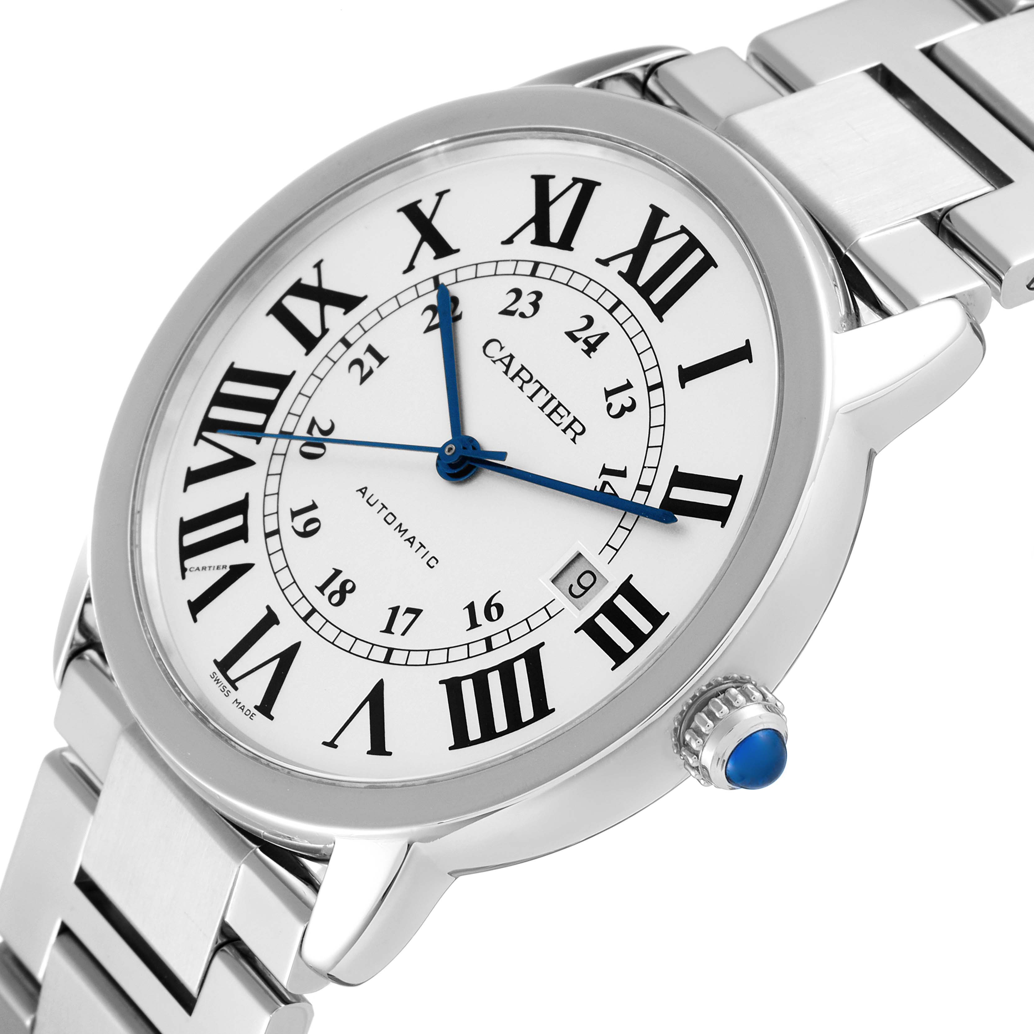 The image shows a Cartier Ronde W6701011 Men
s Stainless Steel Silver Dial W6701011 Men
s Stainless Steel Silver Dial model watch from a side angle, highlighting the face, bezel, crown, and bracelet.