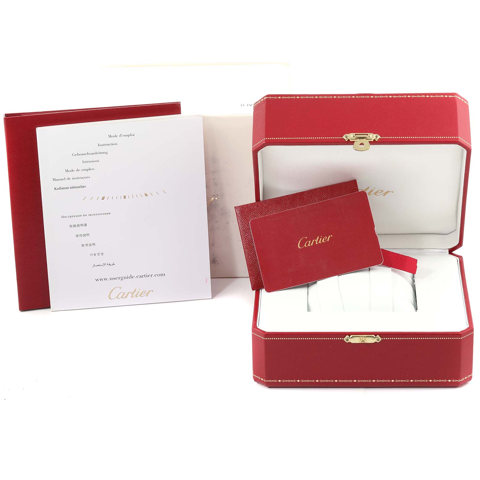 The image shows the box, documents, and card for the Cartier Ronde W6701011 Men
s Stainless Steel Silver Dial W6701011 Men
s Stainless Steel Silver Dial model watch.