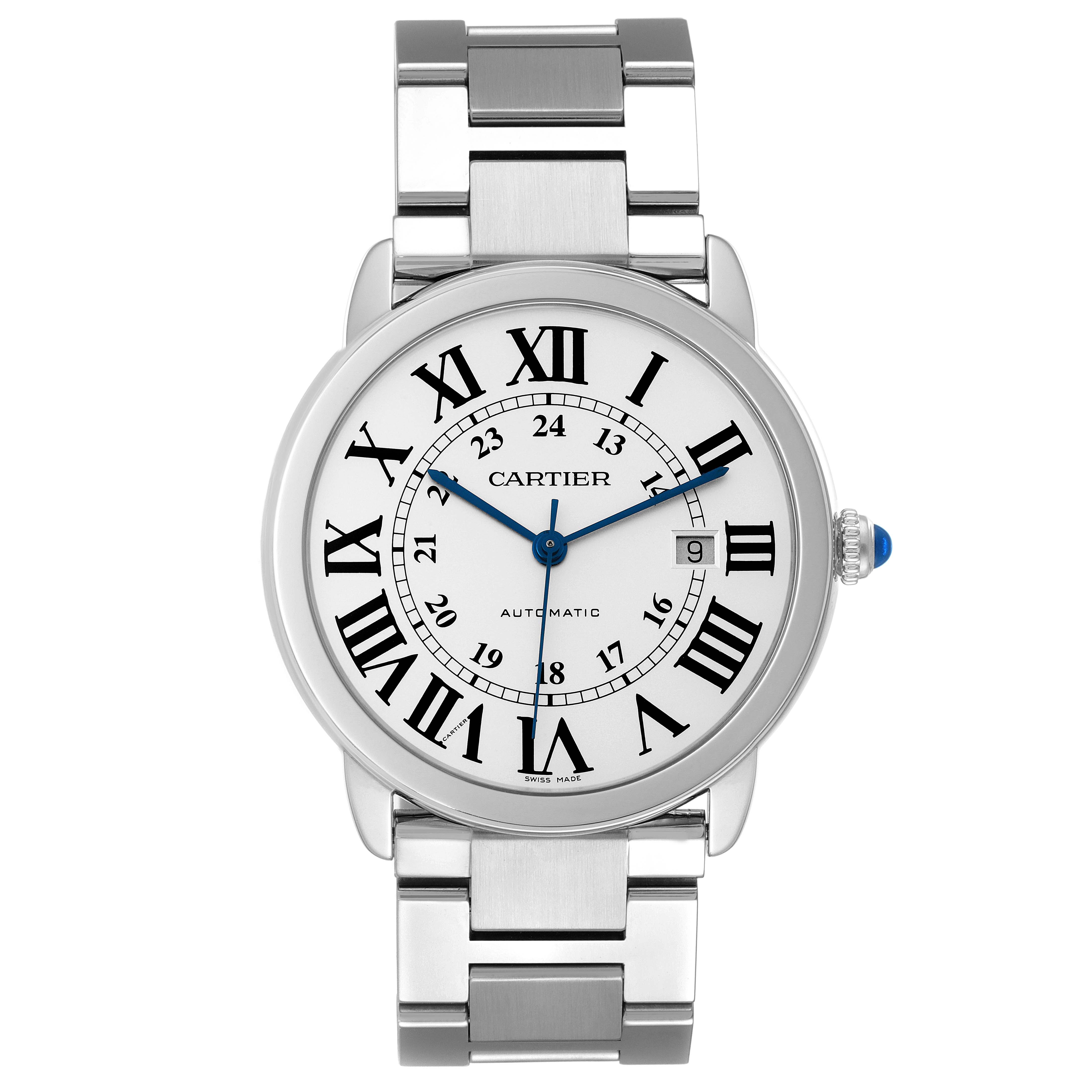 The image shows a front view of a Cartier Ronde W6701011 Men
s Stainless Steel Silver Dial W6701011 Men
s Stainless Steel Silver Dial watch, displaying its face, bezel, and part of the bracelet.