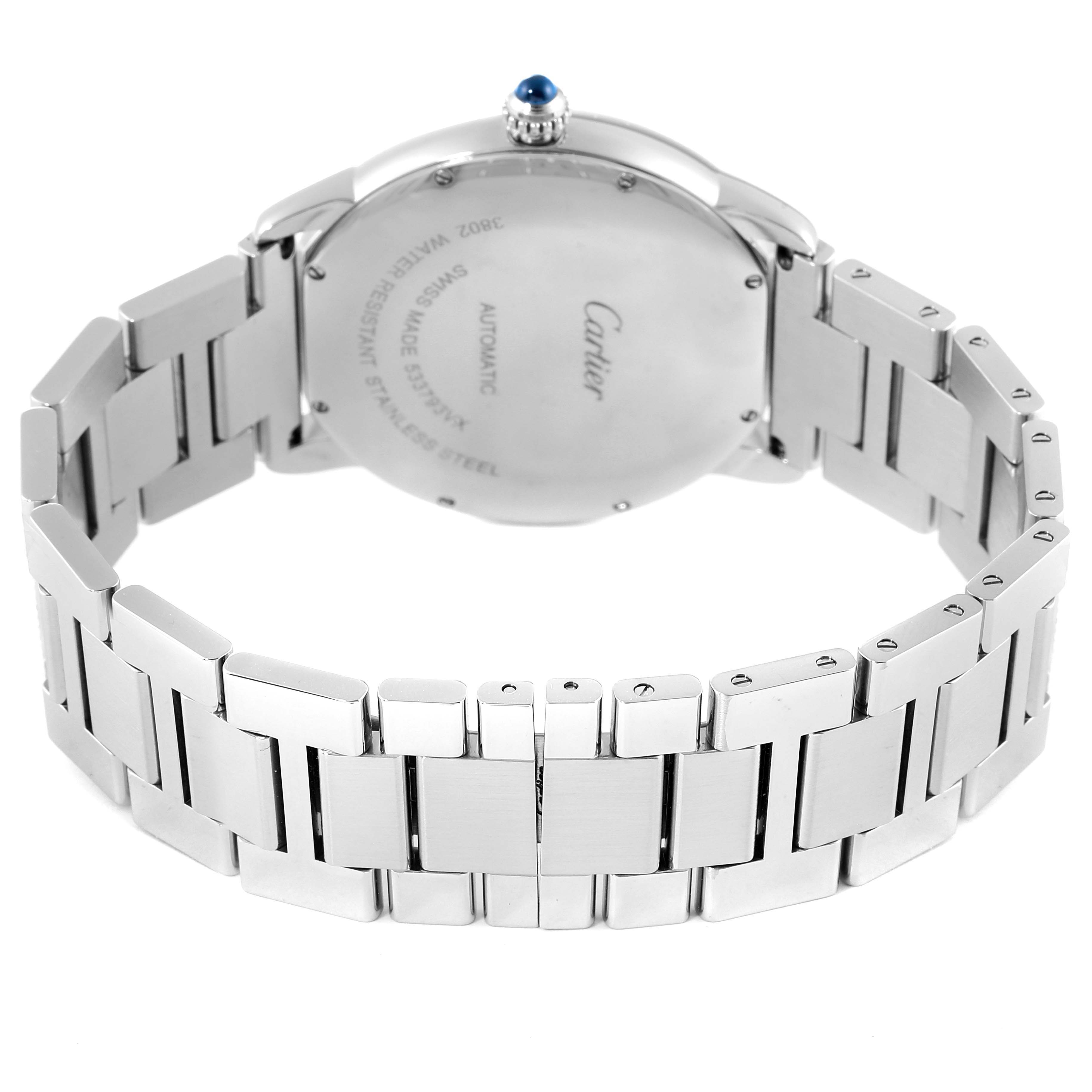 The image shows the back view of the Cartier Ronde W6701011 Men
s Stainless Steel Silver Dial W6701011 Men
s Stainless Steel Silver Dial watch, focusing on its stainless steel case and bracelet.