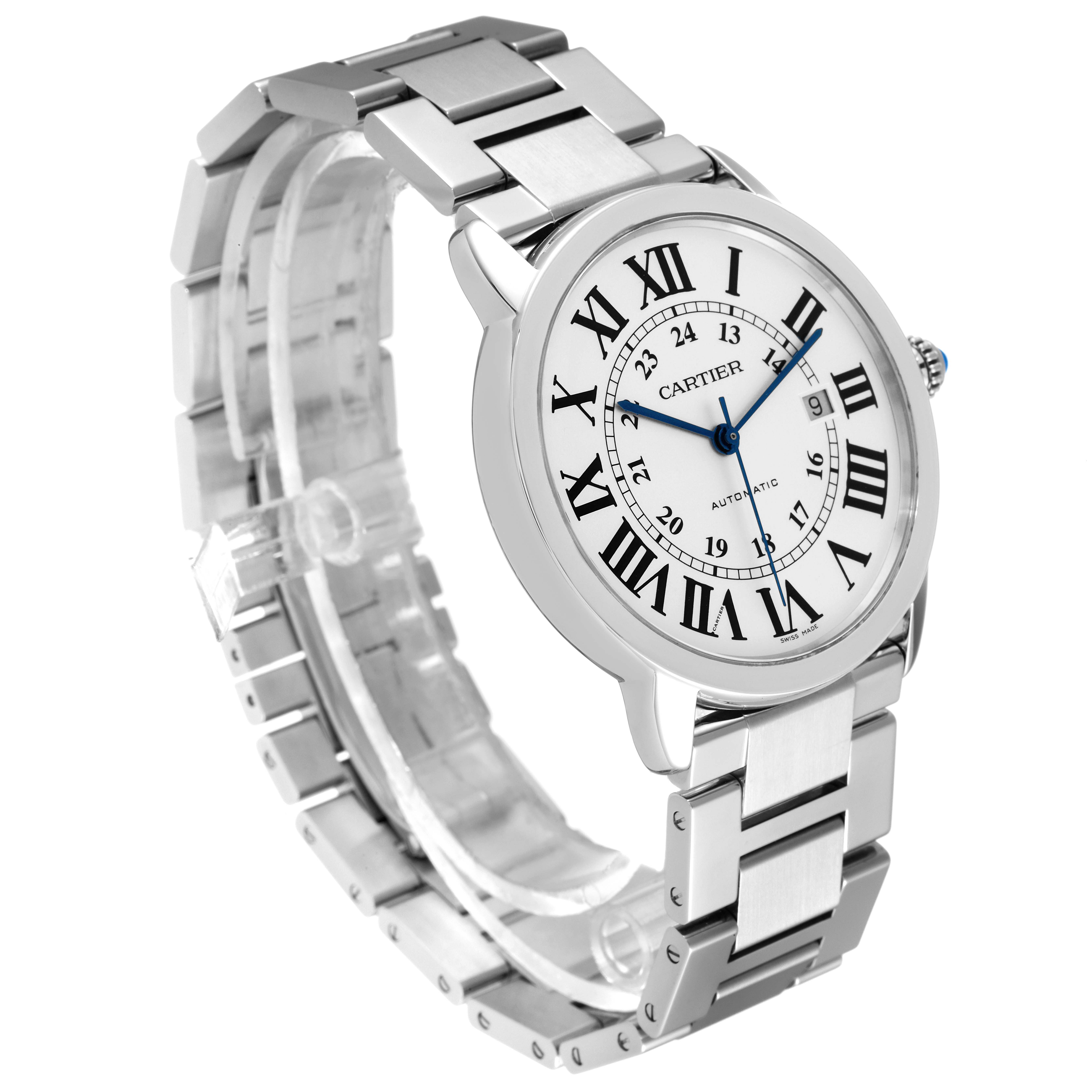 This image shows a Cartier Ronde W6701011 Men
s Stainless Steel Silver Dial W6701011 Men
s Stainless Steel Silver Dial model watch at a slight angle highlighting the face, Roman numeral markers, and metallic bracelet.