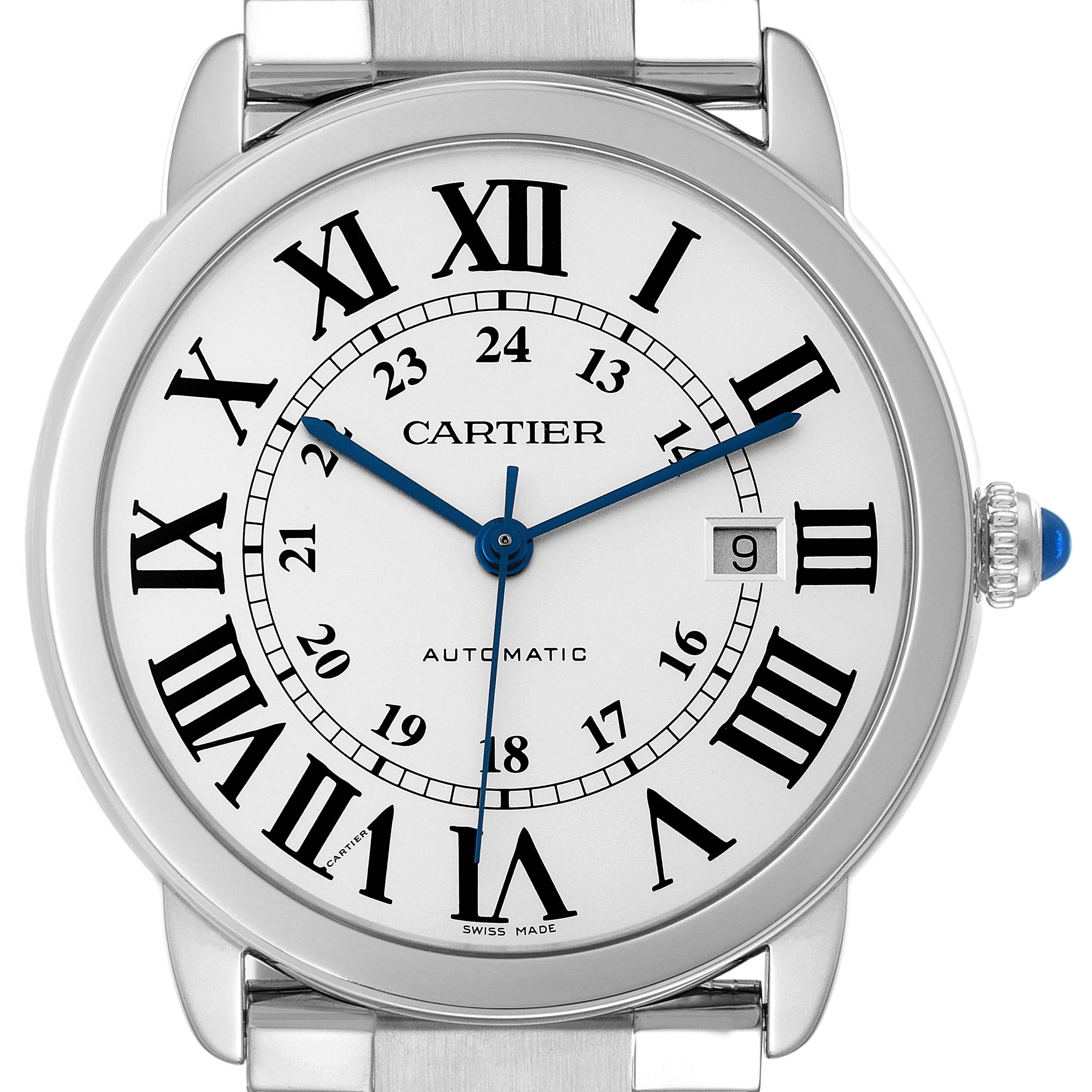 This is a frontal view of the Cartier Ronde W6701011 Men
s Stainless Steel Silver Dial W6701011 Men
s Stainless Steel Silver Dial model watch showing its face, Roman numeral dial, date window, and part of the metal bracelet.