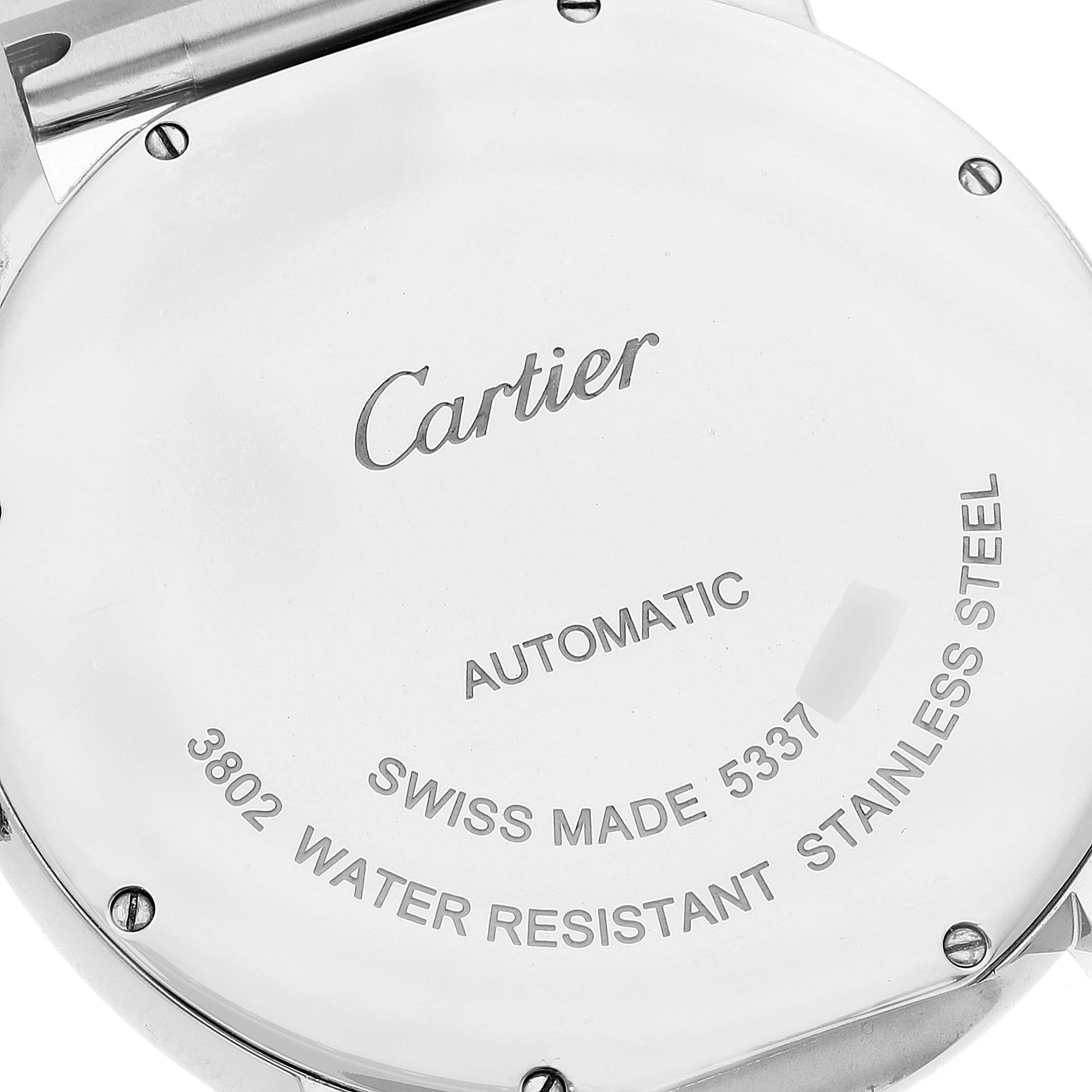 This image shows the back case of a Cartier Ronde W6701011 Men
s Stainless Steel Silver Dial W6701011 Men
s Stainless Steel Silver Dial watch, displaying details such as "Automatic," "Swiss Made," and "Water Resistant Stainless Steel."