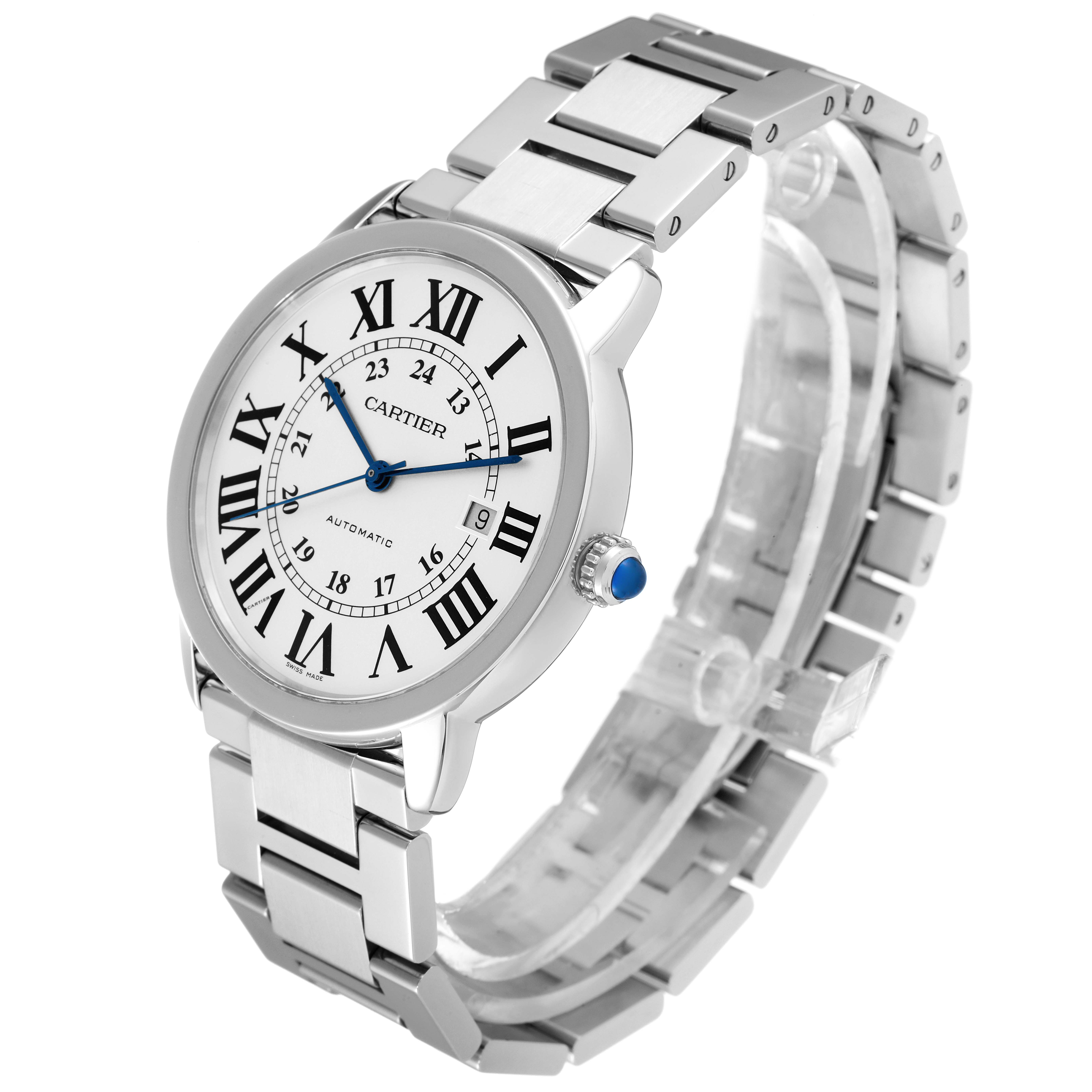The Cartier Ronde W6701011 Men
s Stainless Steel Silver Dial W6701011 Men
s Stainless Steel Silver Dial model is shown at a three-quarter angle, displaying the dial, bezel, crown, and metal bracelet.