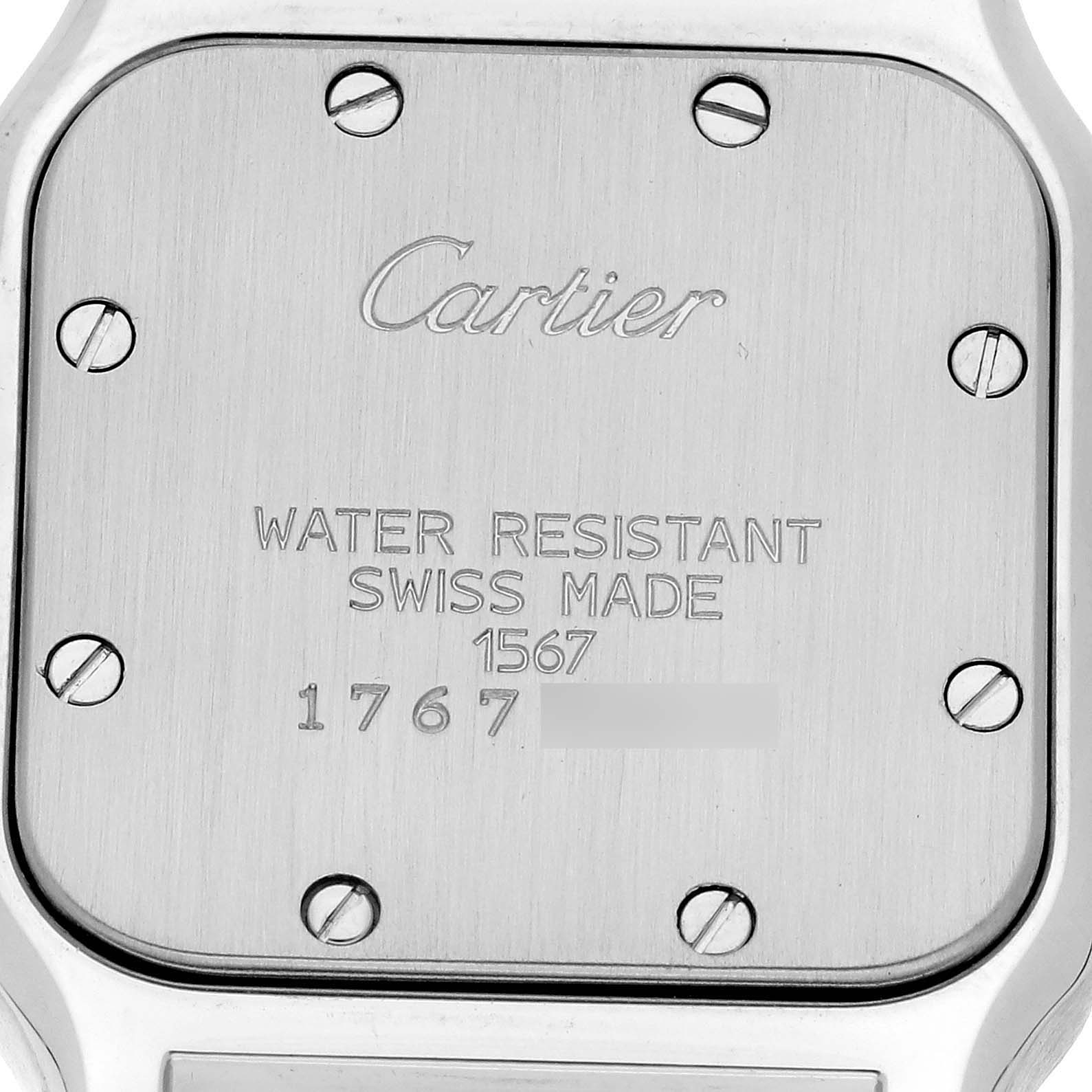 This image shows the back case of a Cartier Santos W20012C4 Women's Steel and Gold (two tone) Silver Dial W20012C4 Women's Steel and Gold (two tone) Silver Dial watch, highlighting its branding and water resistance details.