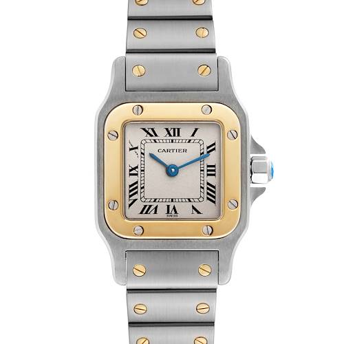 This Cartier Santos watch is shown from a front angle, highlighting the face, bezel, and part of the bracelet with visible screws.