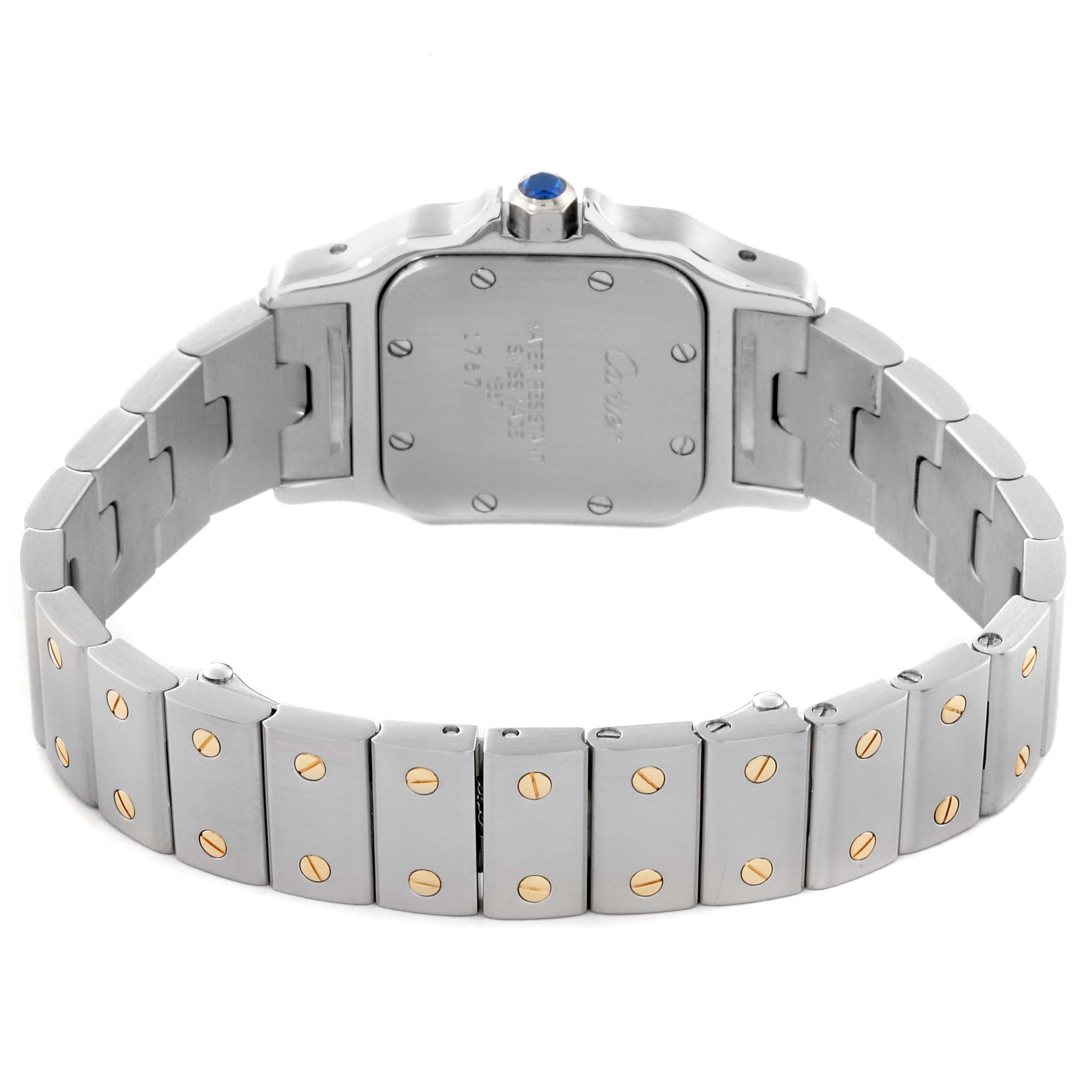 The image shows the back case and bracelet of a Cartier Santos W20012C4 Women's Steel and Gold (two tone) Silver Dial W20012C4 Women's Steel and Gold (two tone) Silver Dial watch.