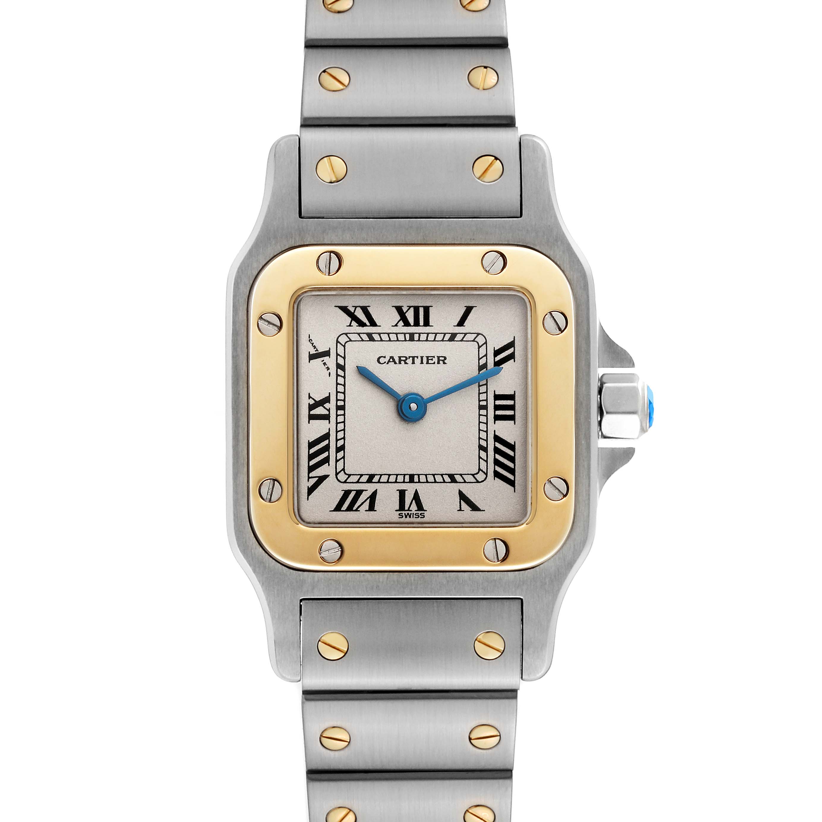 This is a front view of a Cartier Santos W20012C4 Women's Steel and Gold (two tone) Silver Dial W20012C4 Women's Steel and Gold (two tone) Silver Dial watch, showcasing its face, bezel, and part of the bracelet.