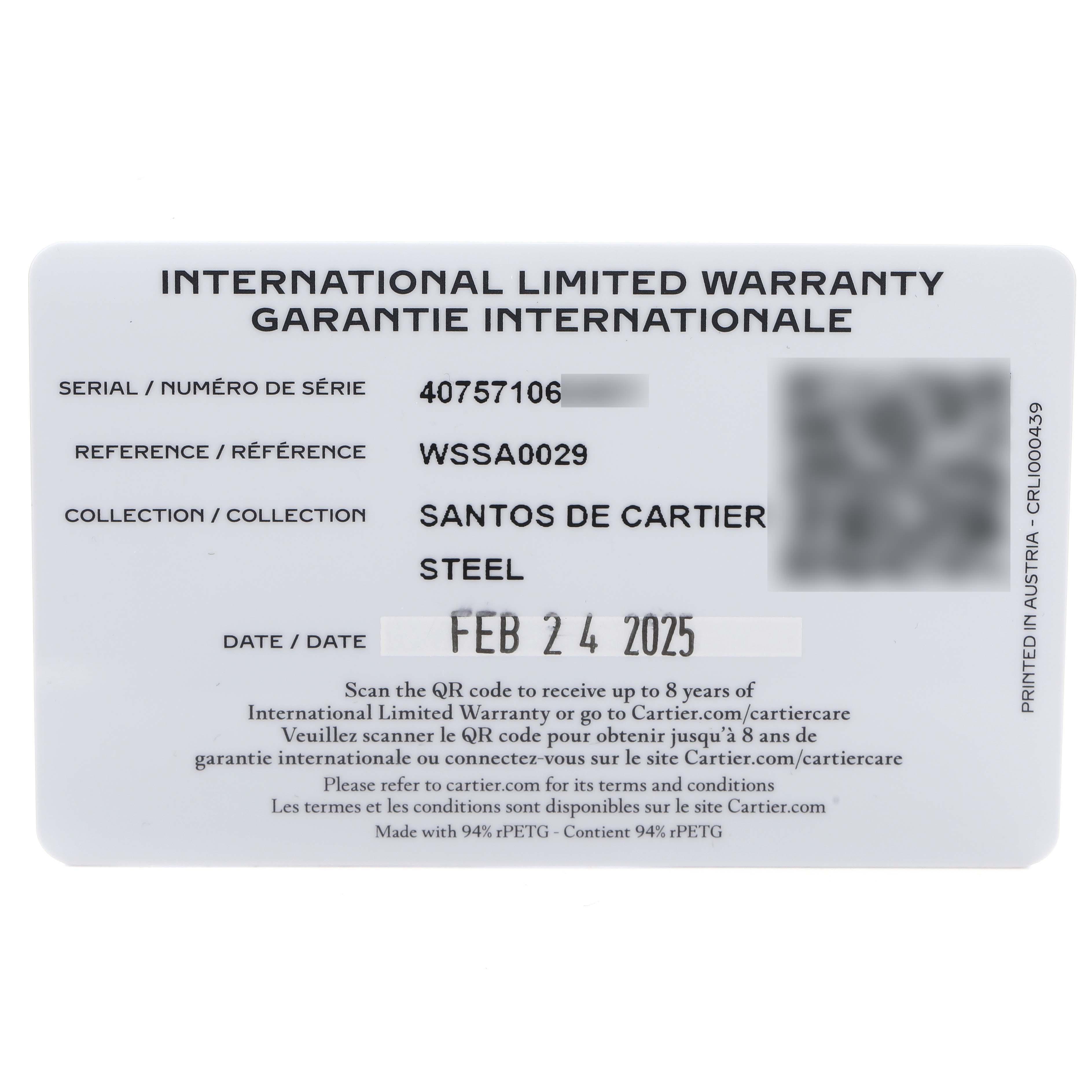 The image shows the warranty card for a Santos de Cartier watch, detailing serial, reference, and collection information.