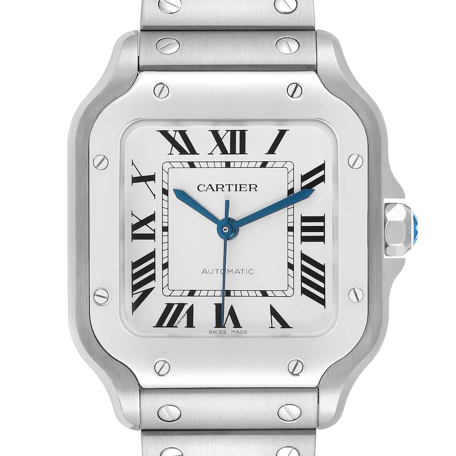 The image shows a front view of the Cartier Santos model WSSA0029 men's watch, highlighting the face, bezel, screws, and part of the bracelet.