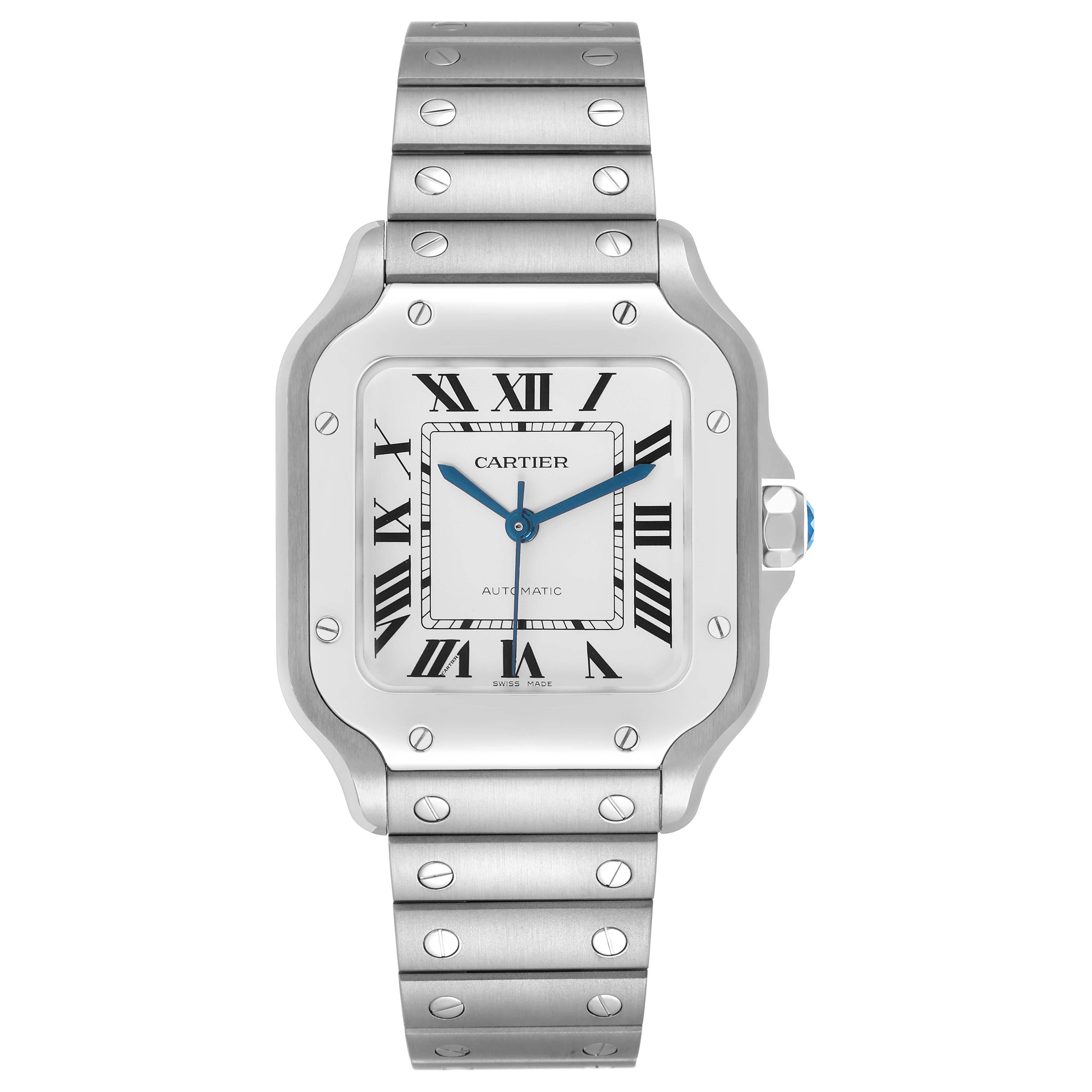 The image shows a front view of the Cartier Santos WSSA0029 Men
s Stainless Steel Silver Dial watch, highlighting the dial, bezel, and bracelet.