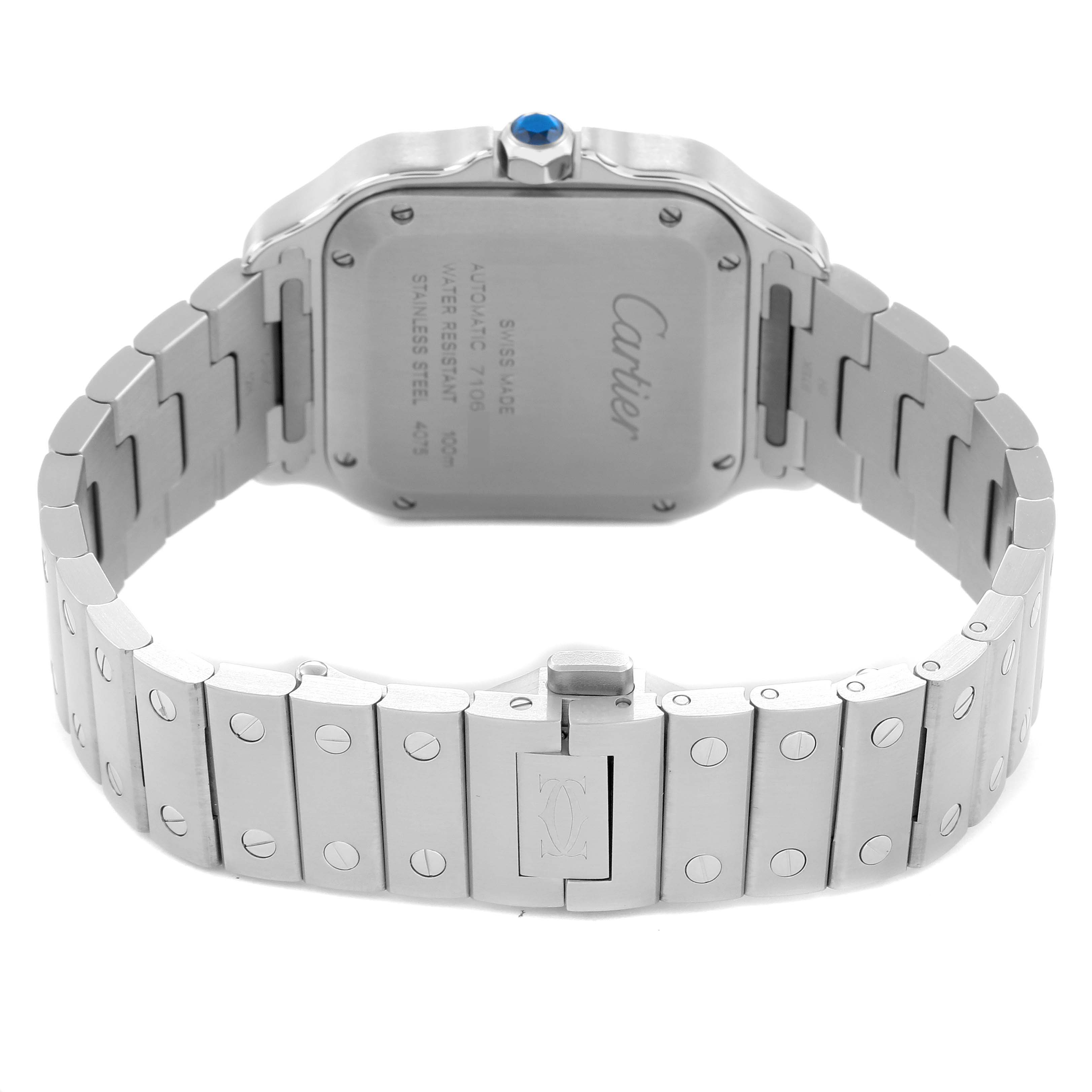 The Cartier Santos WSSA0029 Men
s Stainless Steel Silver Dial watch is shown from the back, highlighting the case back, crown, and bracelet with a folding clasp.