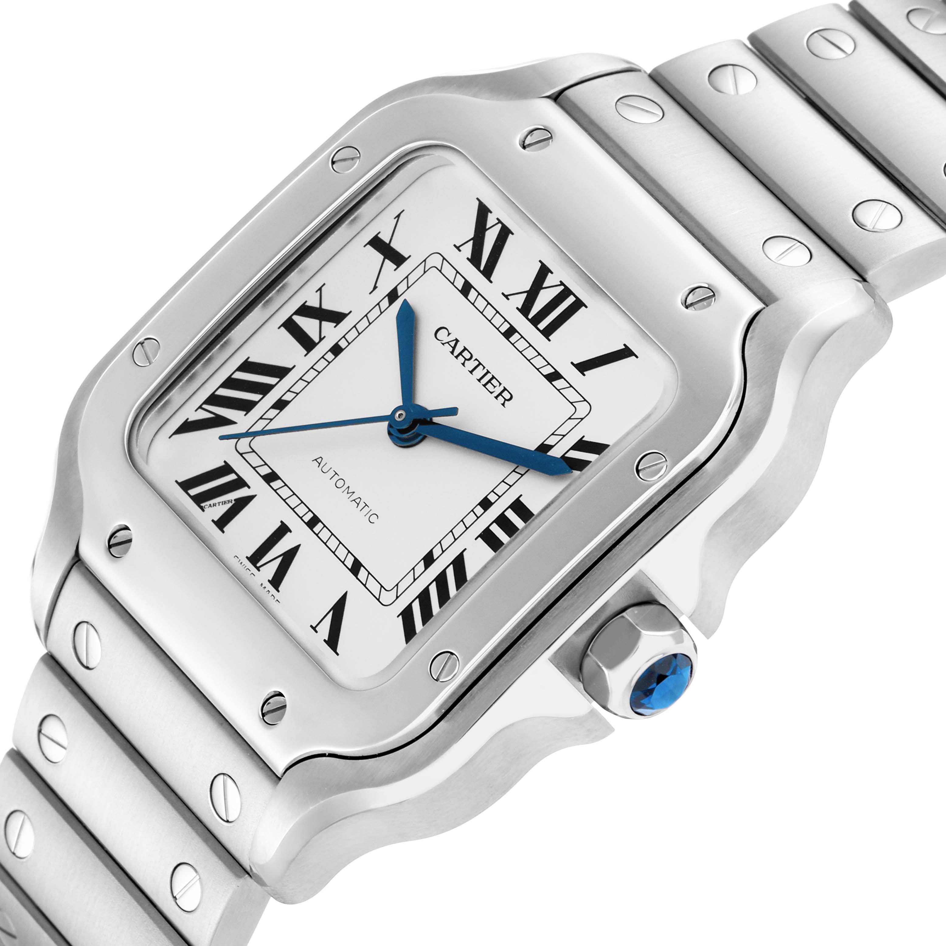 The Cartier Santos WSSA0029 Men
s Stainless Steel Silver Dial watch is shown from a front-angle, displaying its face, bezel, and part of the bracelet.