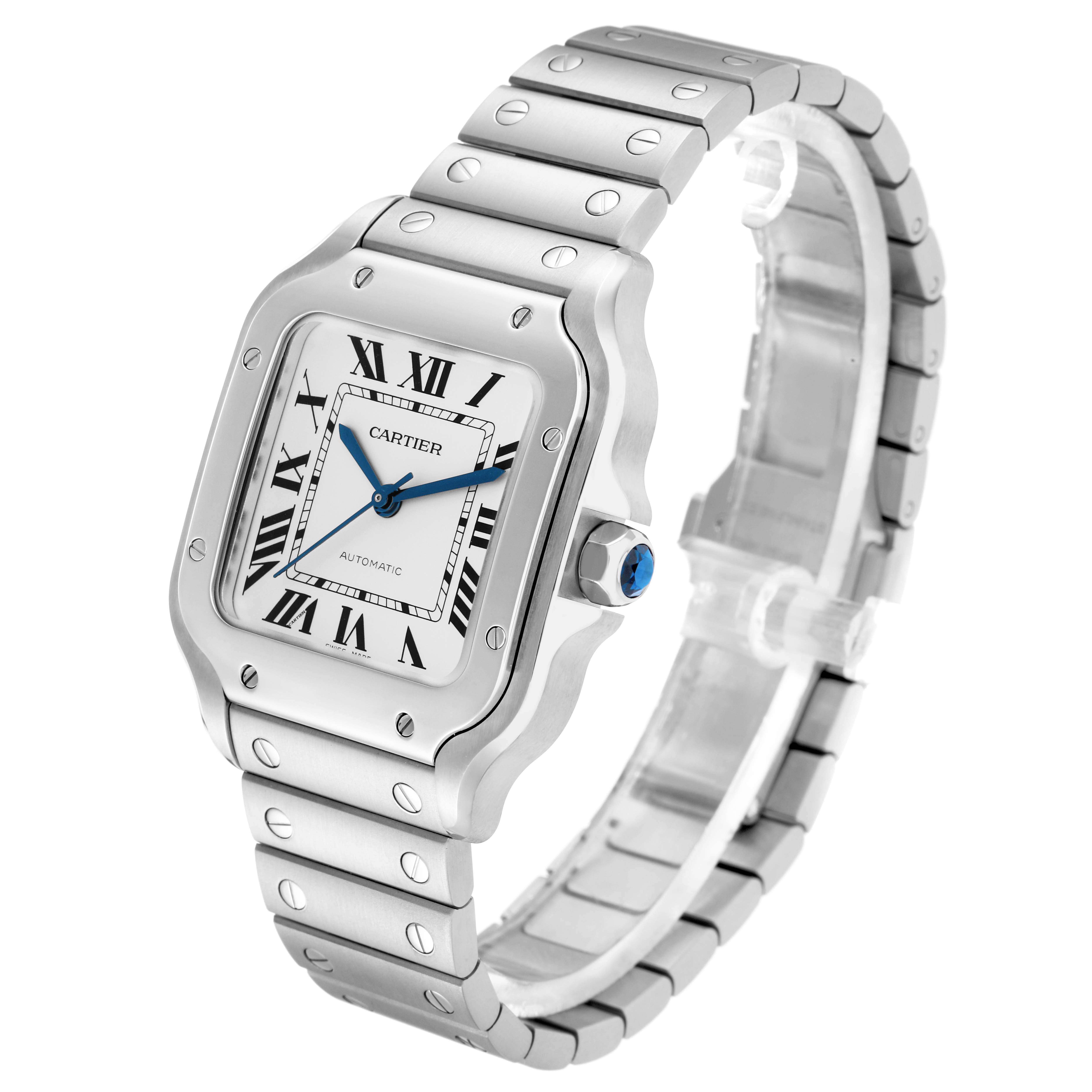 The Cartier Santos WSSA0029 Men
s Stainless Steel Silver Dial watch is shown at a slight angle, displaying its face, bezel, and bracelet with visible screws and blue hands.