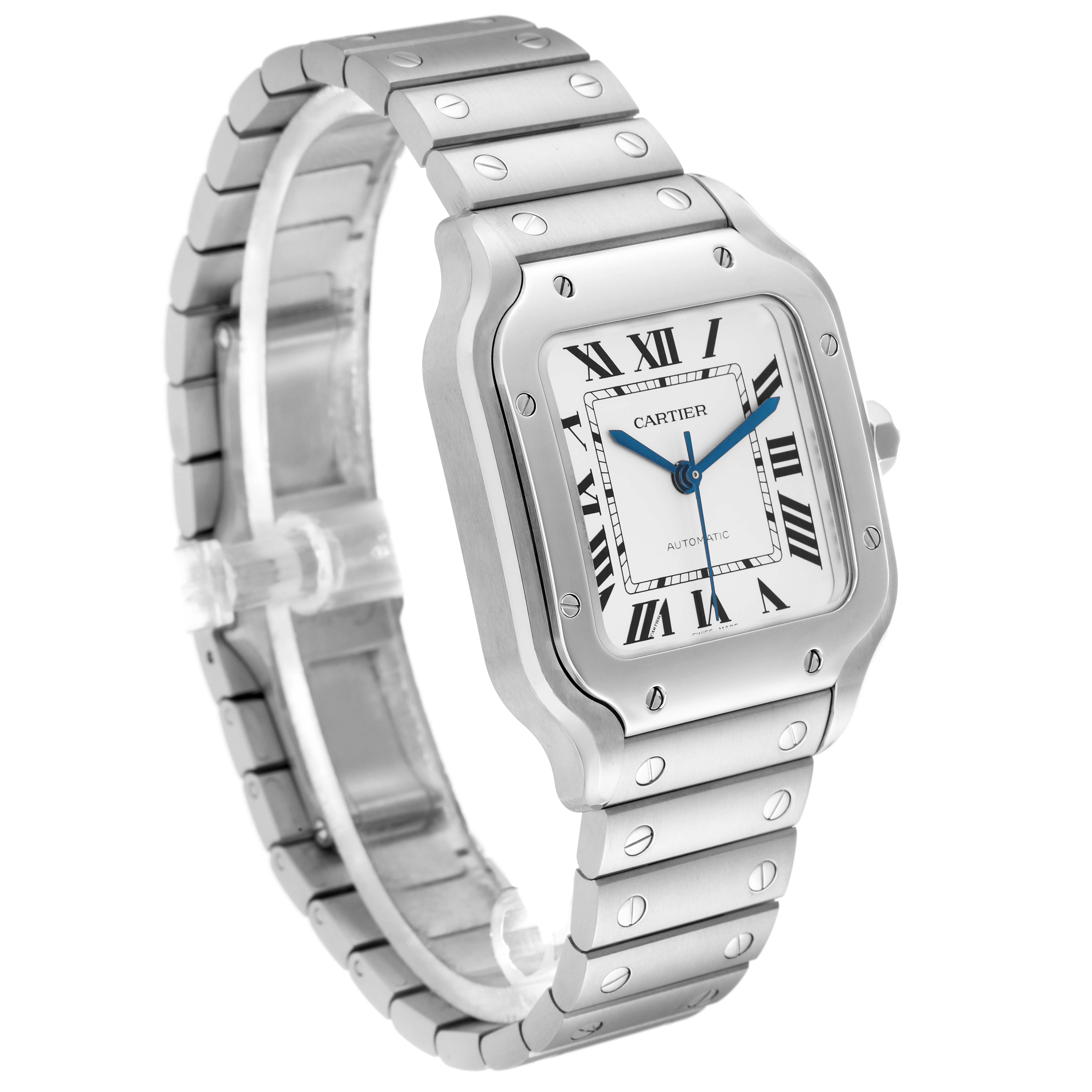 The image shows a Cartier Santos WSSA0029 Men
s Stainless Steel Silver Dial watch at a three-quarter angle, displaying the face, bezel, bracelet, and screw details.