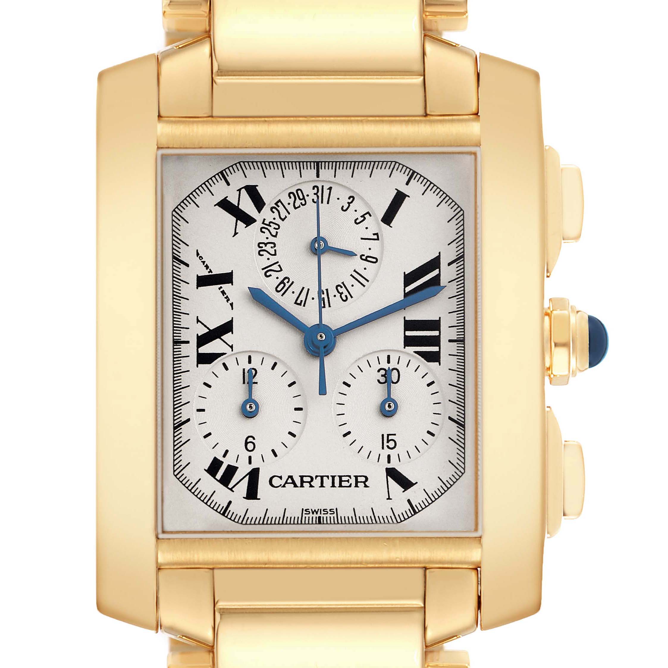 The Cartier Tank Française watch is shown from a frontal view, highlighting the face, subdials, and crown.