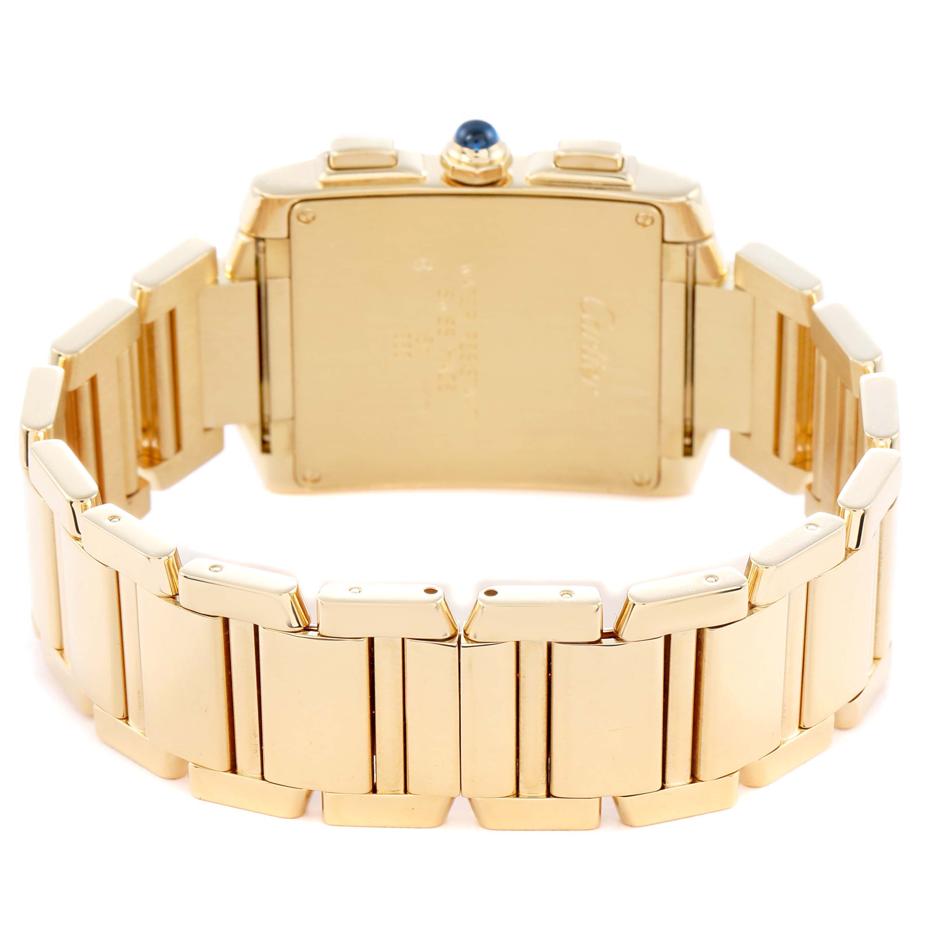 The image shows the back and bracelet of a Cartier Tank Française watch, highlighting the gold links and clasp.