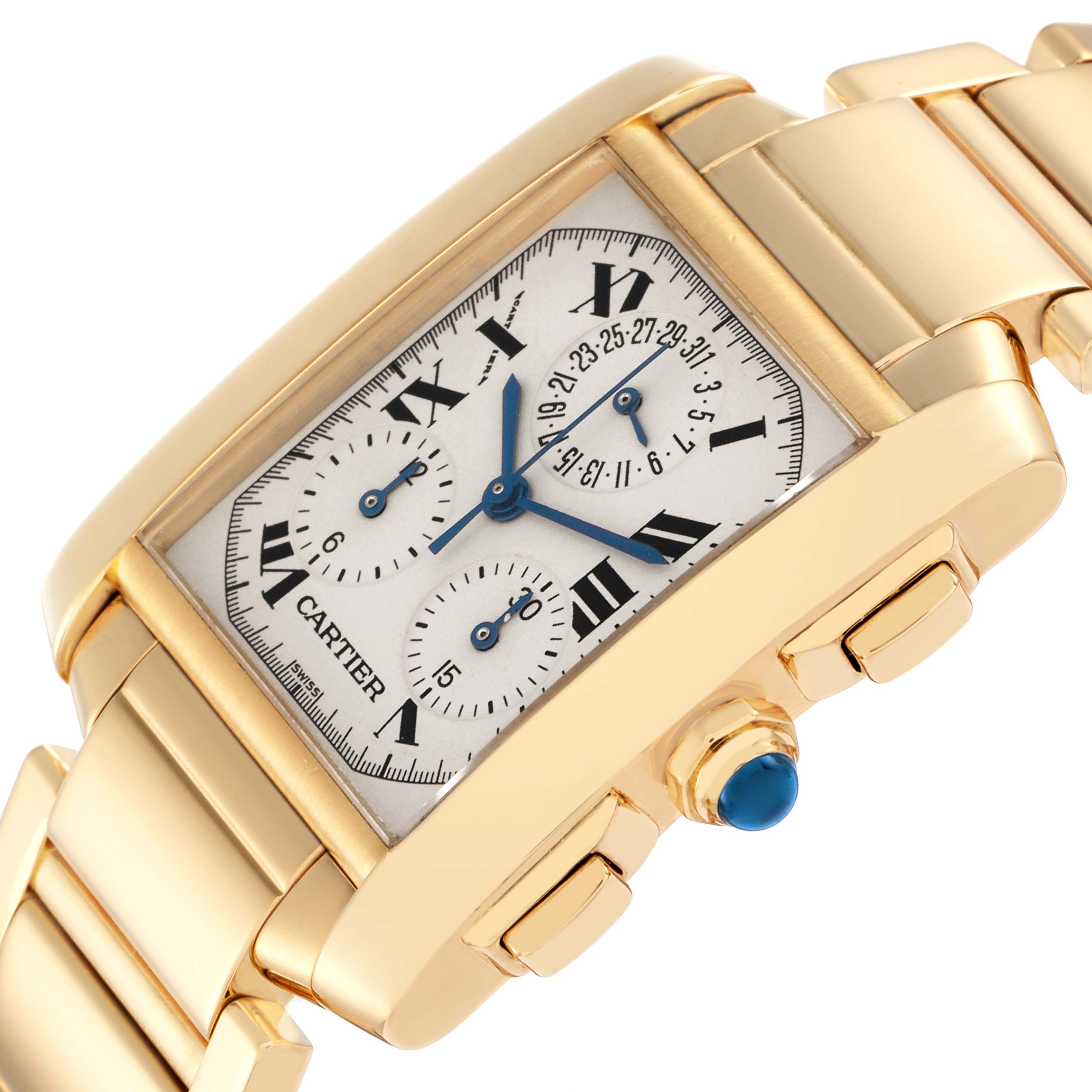 The Cartier Tank Française watch is shown at a close angle, highlighting its gold casing, bracelet, and detailed face with subdials.