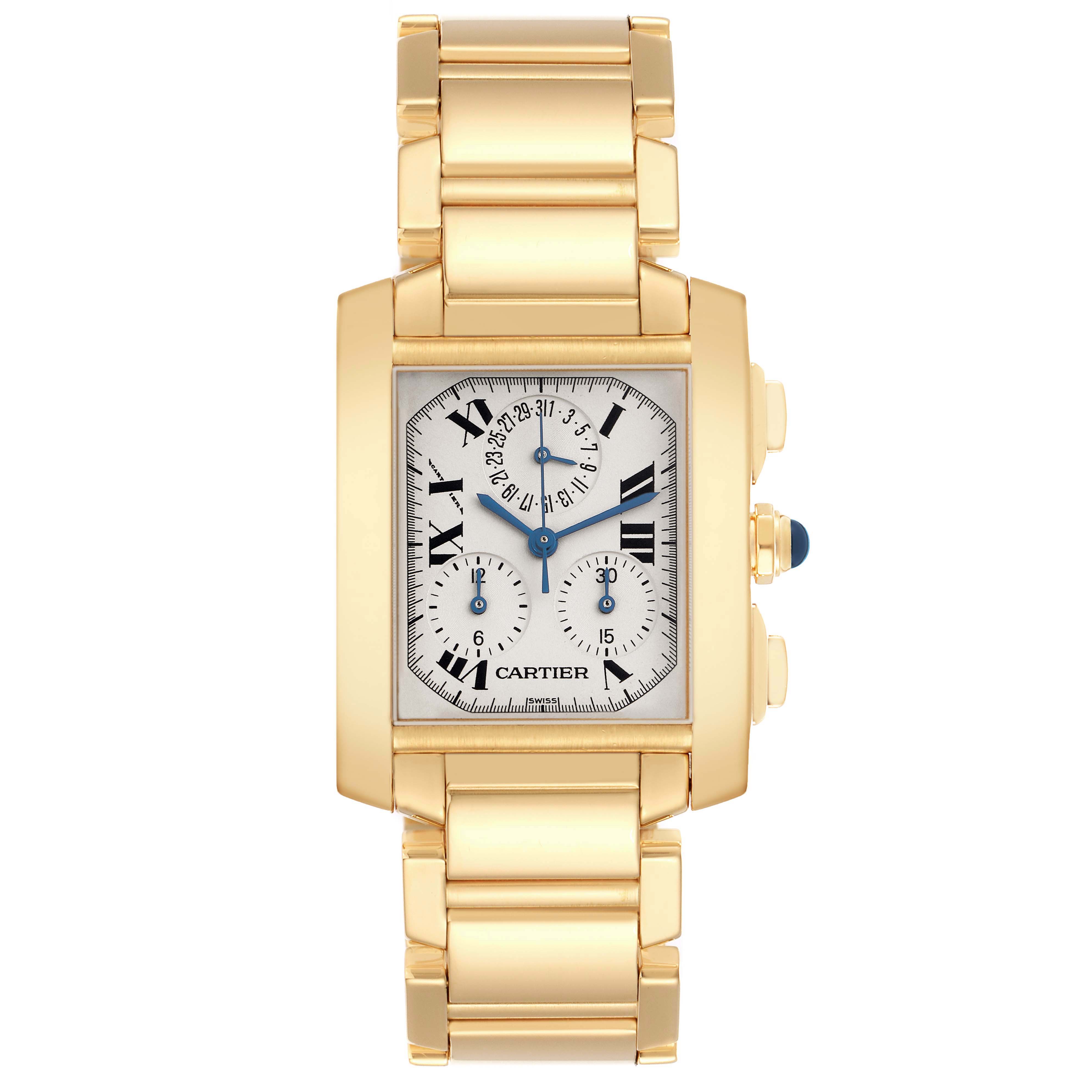 The Cartier Tank Francaise W50005R2 Men
s Yellow Gold Silver Dial watch is shown from a front angle, displaying its gold bracelet and rectangular face with Roman numerals.