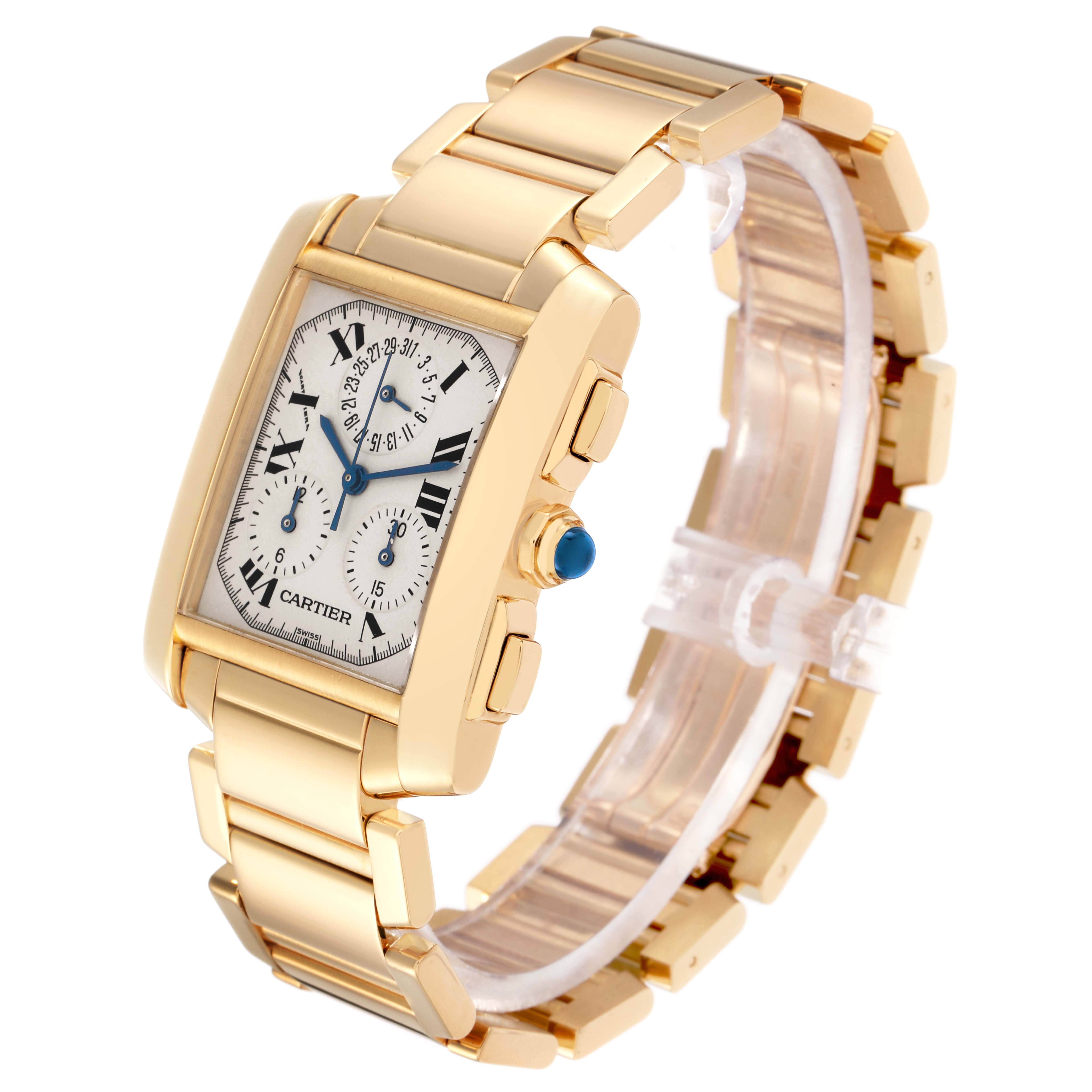 The Cartier Tank Francaise W50005R2 Men
s Yellow Gold Silver Dial watch is shown at a three-quarter angle, displaying the face, strap, and side crown.