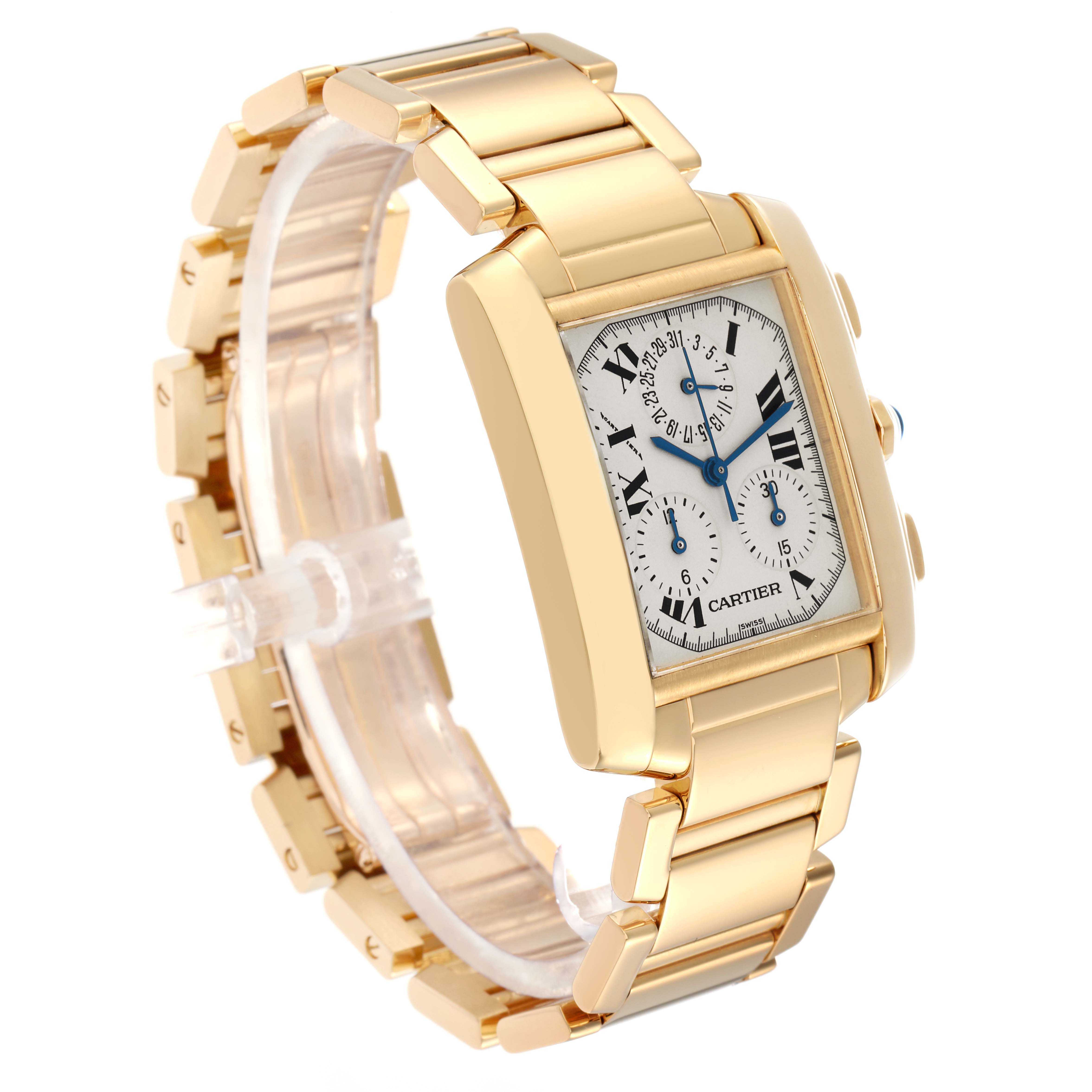 The Cartier Tank Francaise W50005R2 Men
s Yellow Gold Silver Dial watch is shown at a three-quarter angle, highlighting its rectangular face and linked bracelet.