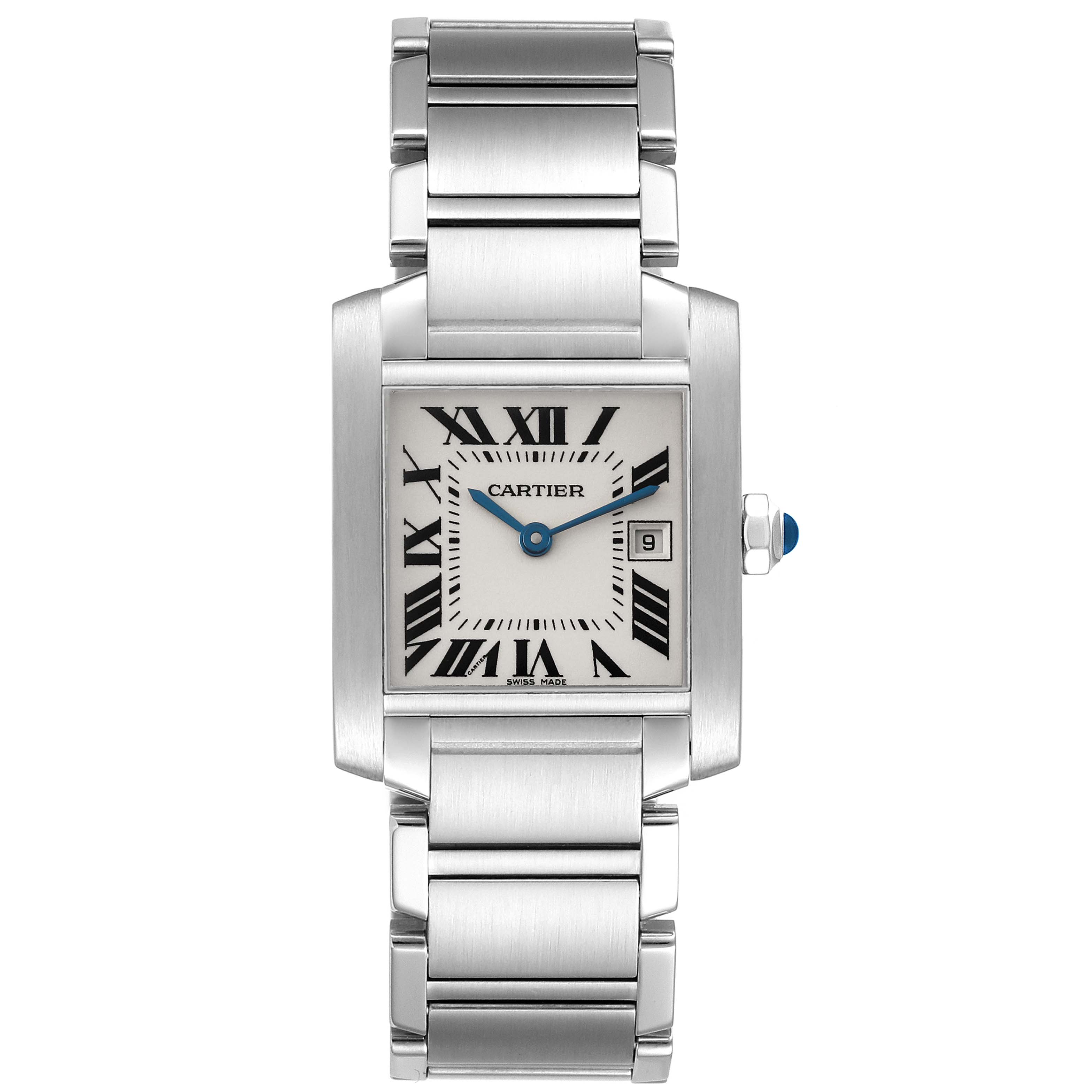The Cartier Tank Francaise W51011Q3 Women
s Stainless Steel Silver Dial W51011Q3 Women
s Stainless Steel Silver Dial watch is shown from a front angle, displaying the face, hands, and bracelet.