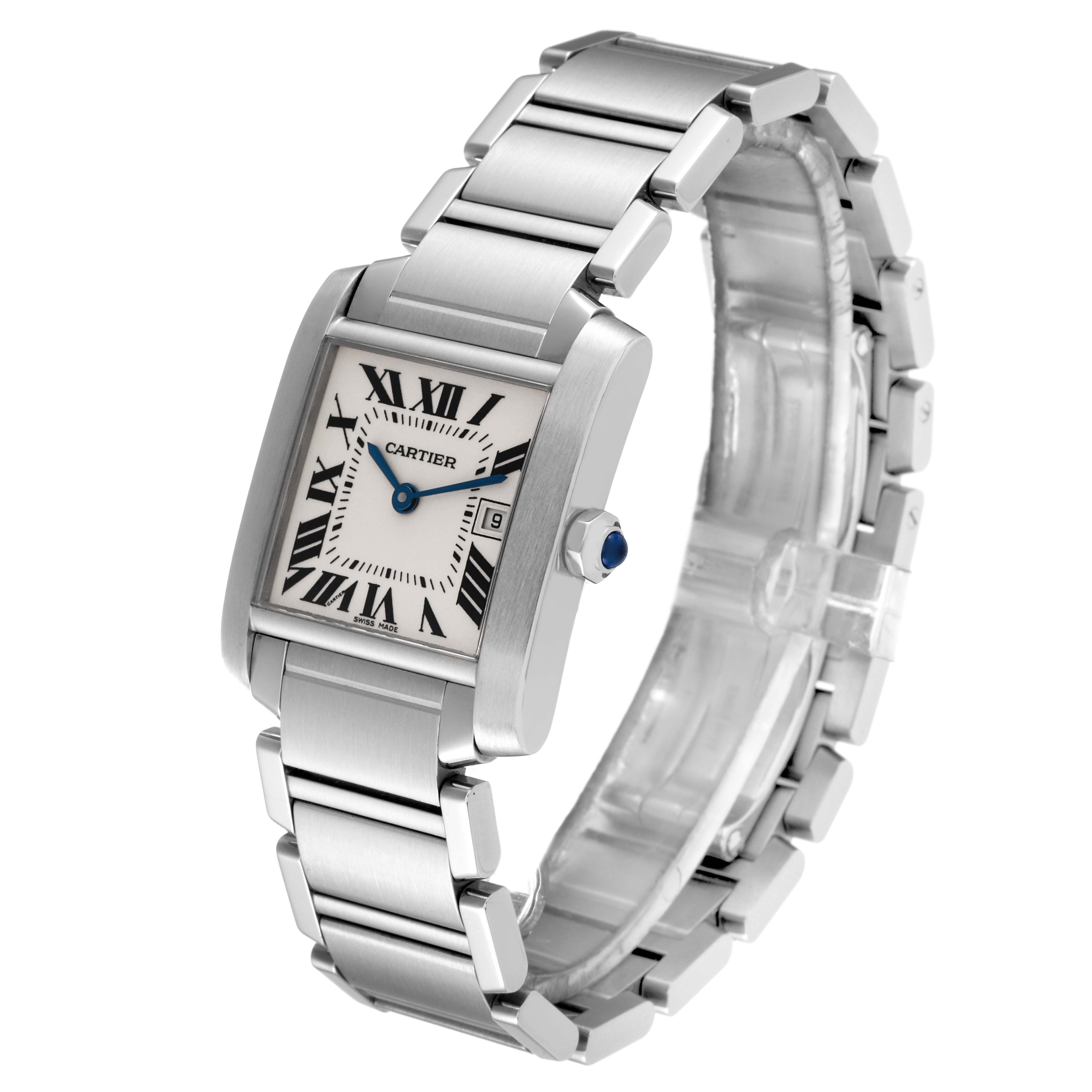 The Cartier Tank Francaise W51011Q3 Women
s Stainless Steel Silver Dial W51011Q3 Women
s Stainless Steel Silver Dial watch is shown at an angle, displaying its rectangular face, Roman numerals, and stainless steel bracelet.