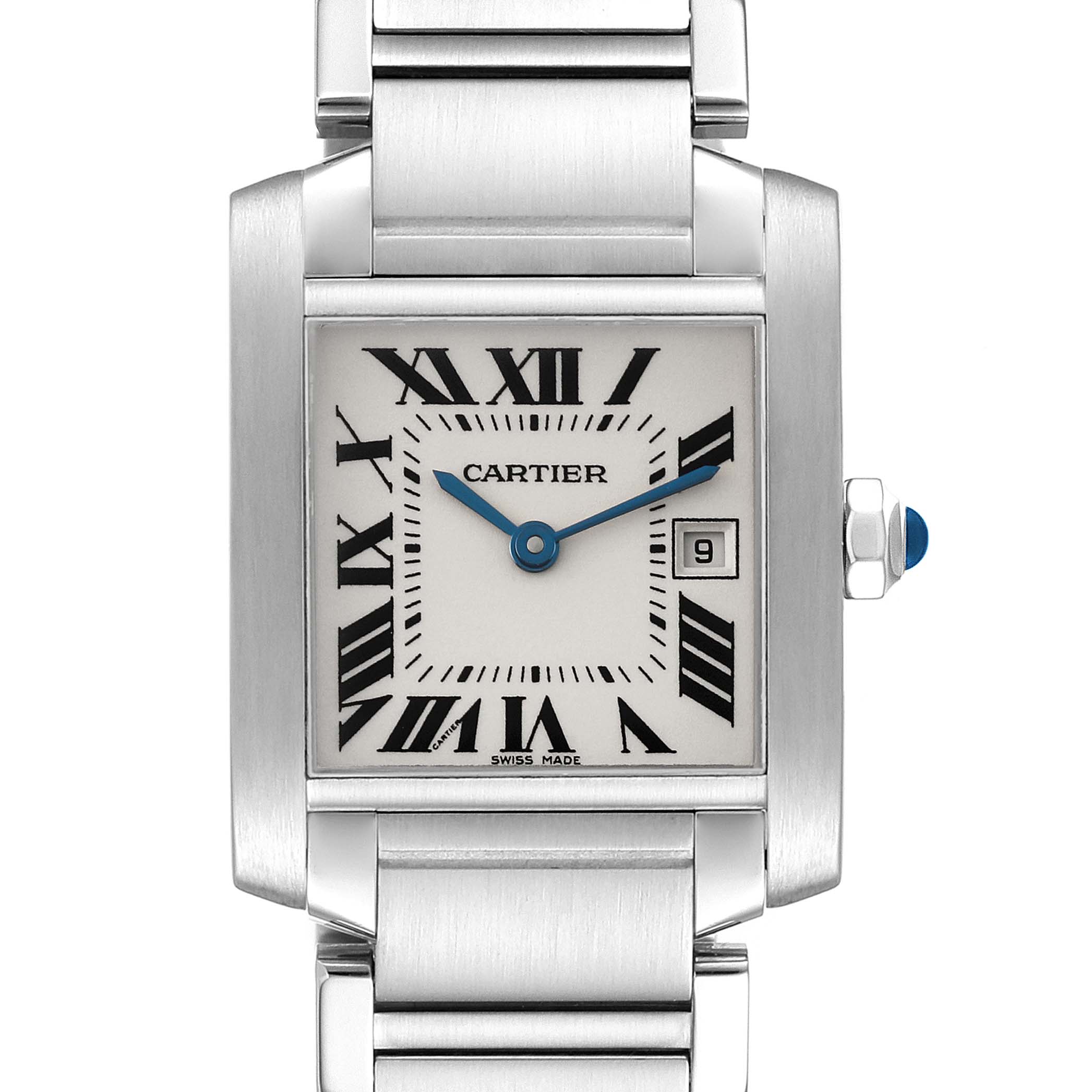 The image shows a front view of the Cartier Tank Francaise W51011Q3 Women
s Stainless Steel Silver Dial W51011Q3 Women
s Stainless Steel Silver Dial watch, highlighting the dial, hands, Roman numerals, and metal bracelet.