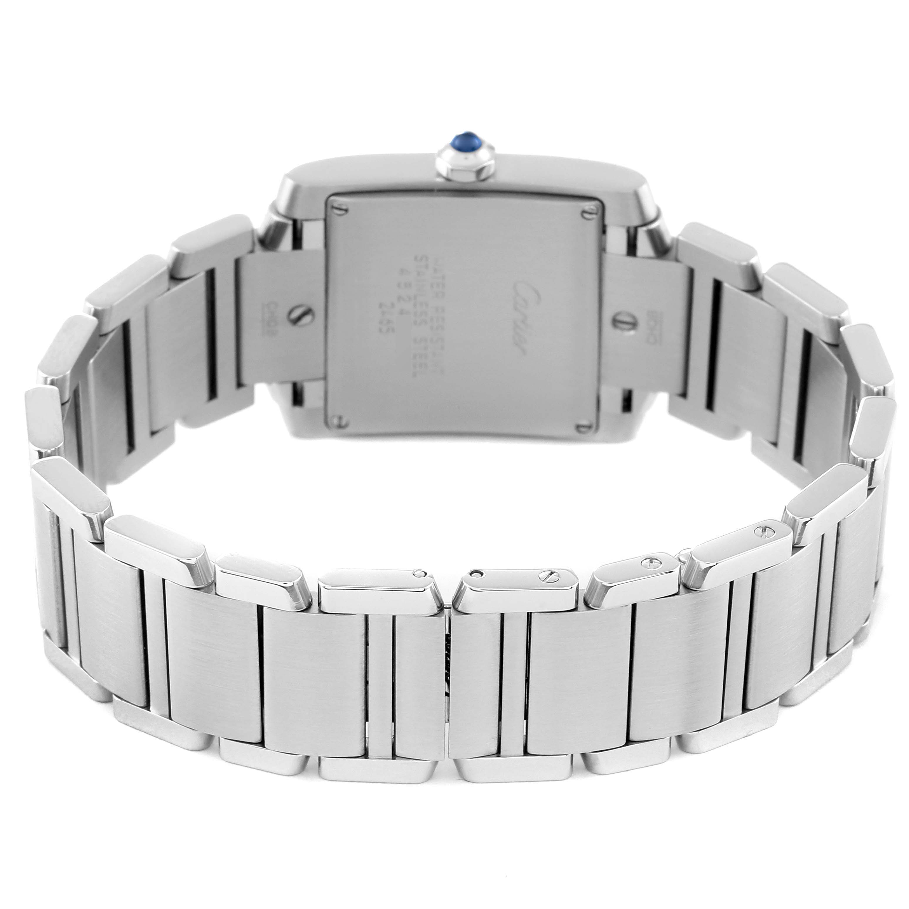 The image shows the back and part of the bracelet of the Cartier Tank Francaise W51011Q3 Women
s Stainless Steel Silver Dial W51011Q3 Women
s Stainless Steel Silver Dial watch.