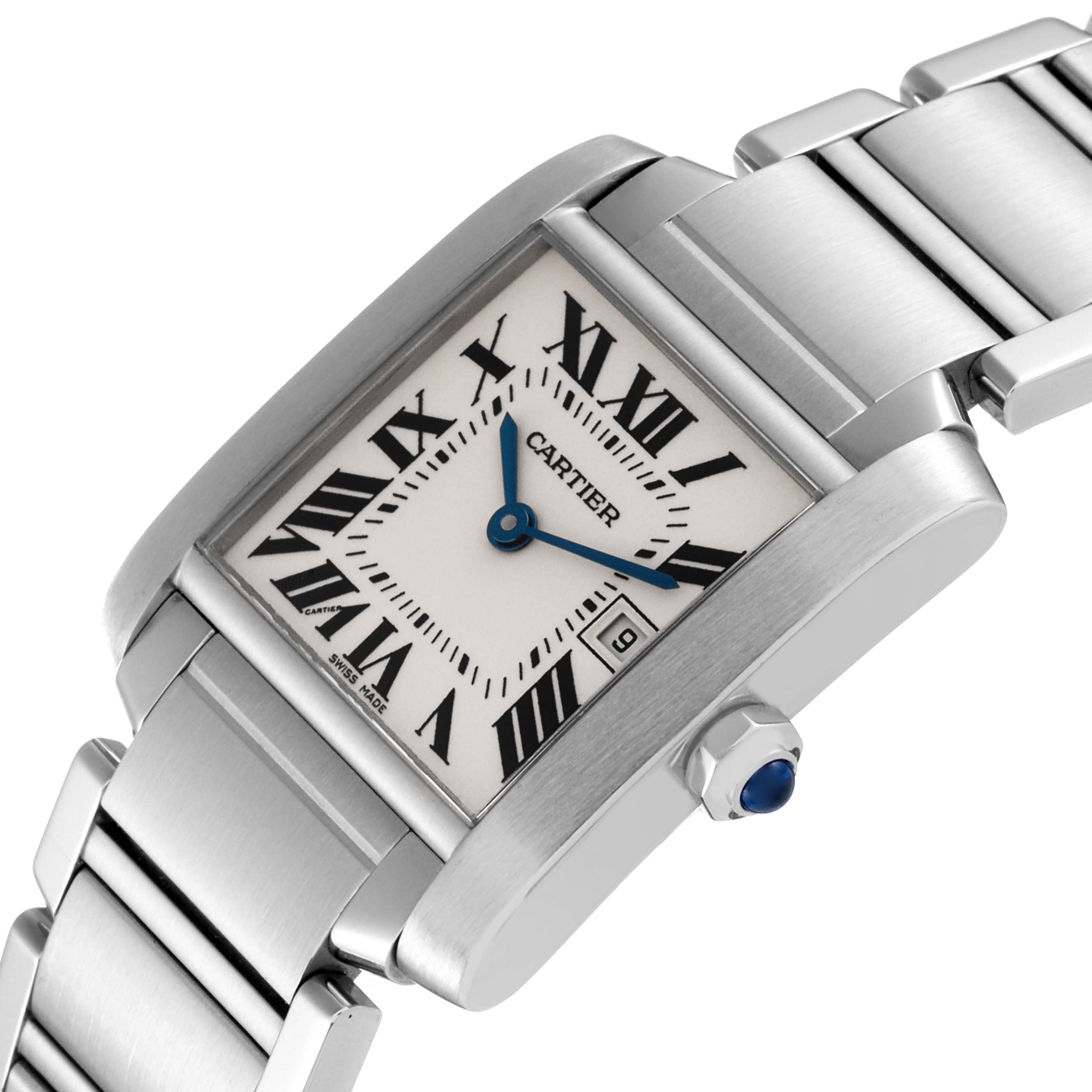 This image shows the Cartier Tank Française watch at an angled close-up, highlighting the watch face, bracelet, and crown.