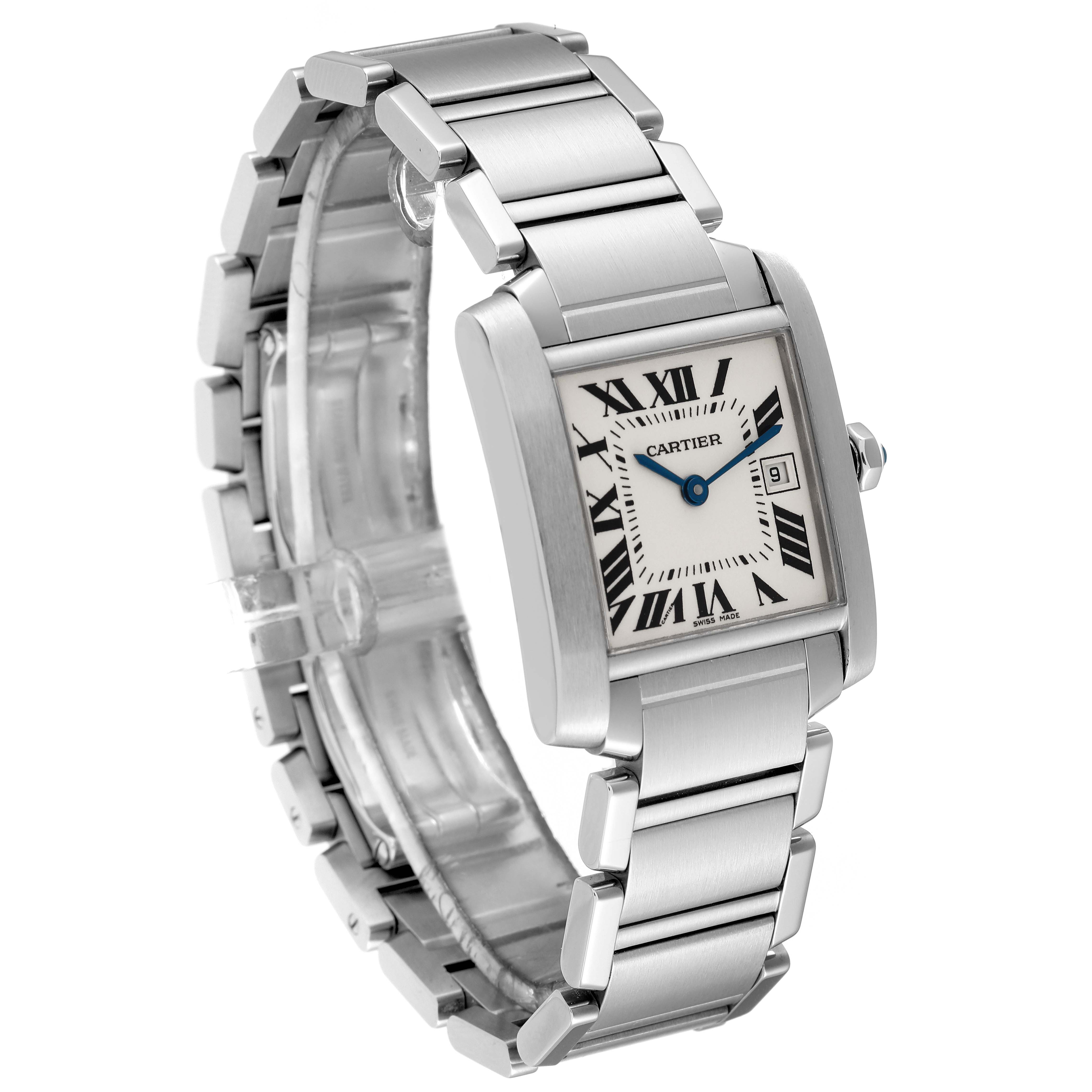 The image shows a Cartier Tank Francaise W51011Q3 Women
s Stainless Steel Silver Dial W51011Q3 Women
s Stainless Steel Silver Dial watch from an angled view, highlighting its stainless steel case, bracelet, and dial.