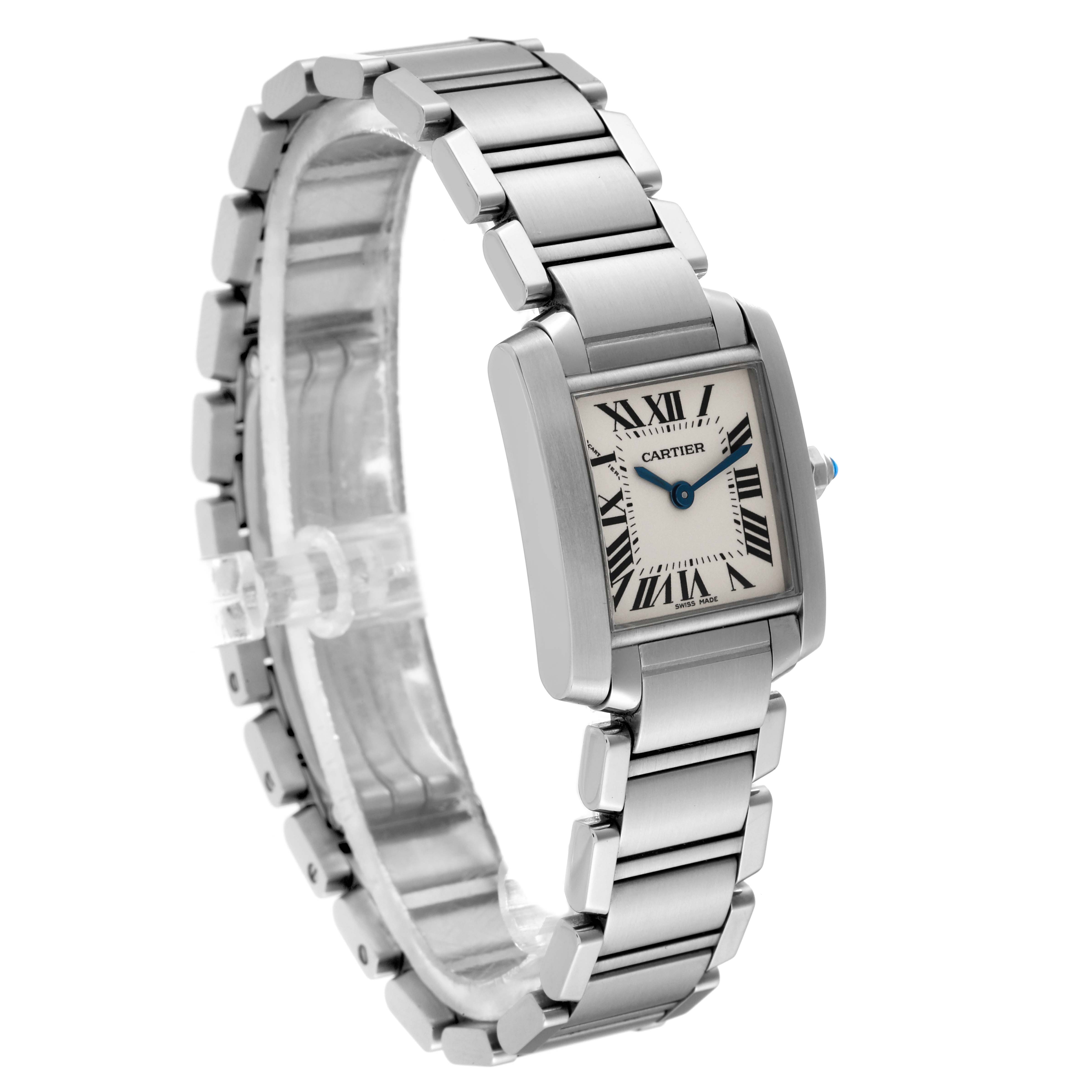 The Tank Française model by Cartier is shown from a three-quarter angle, displaying the face, bracelet, and case.