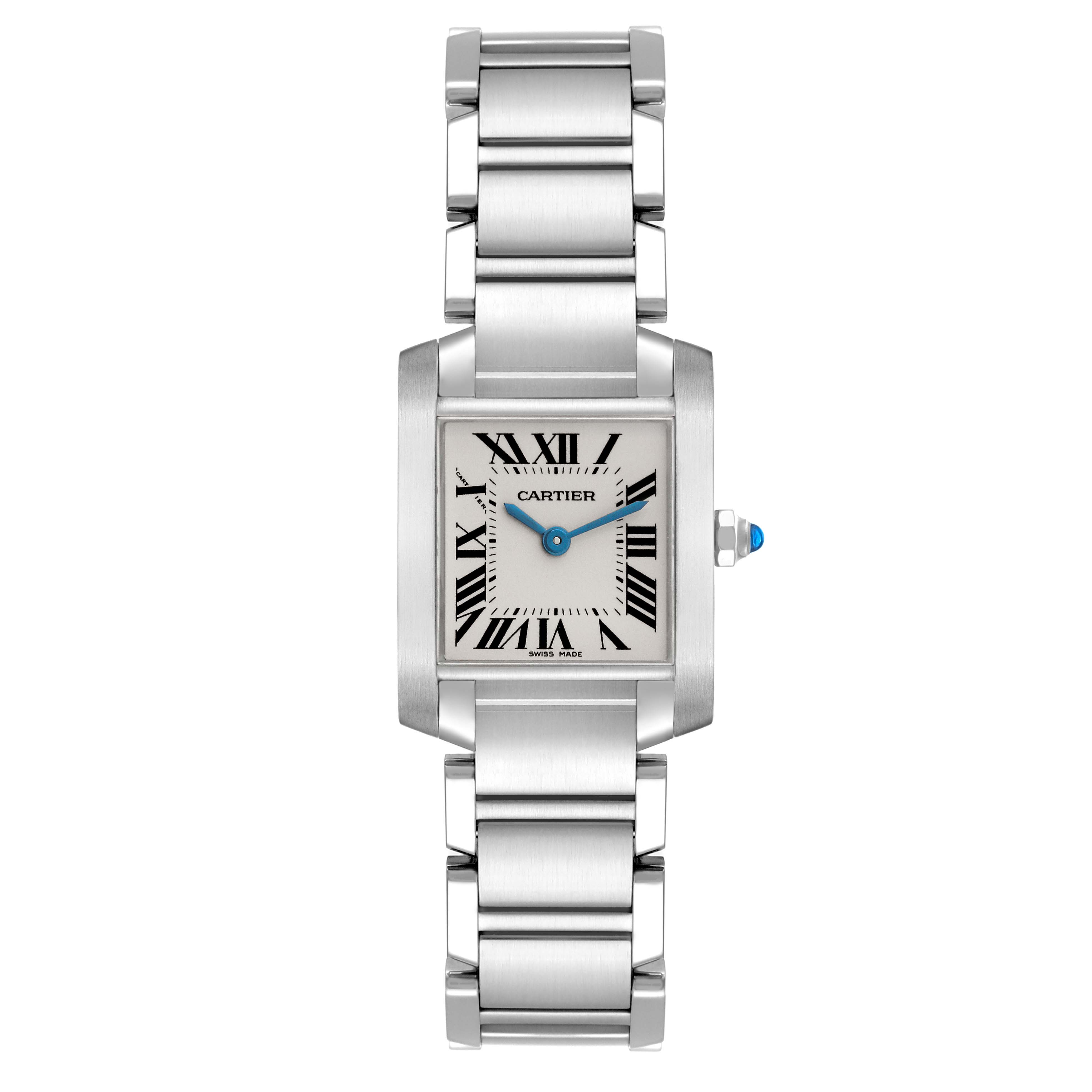 The image shows a Cartier Tank Francaise W51008Q3 Women's Stainless Steel Silver Dial W51008Q3 Women's Stainless Steel Silver Dial watch from a front perspective, highlighting its stainless steel bracelet and rectangular face.