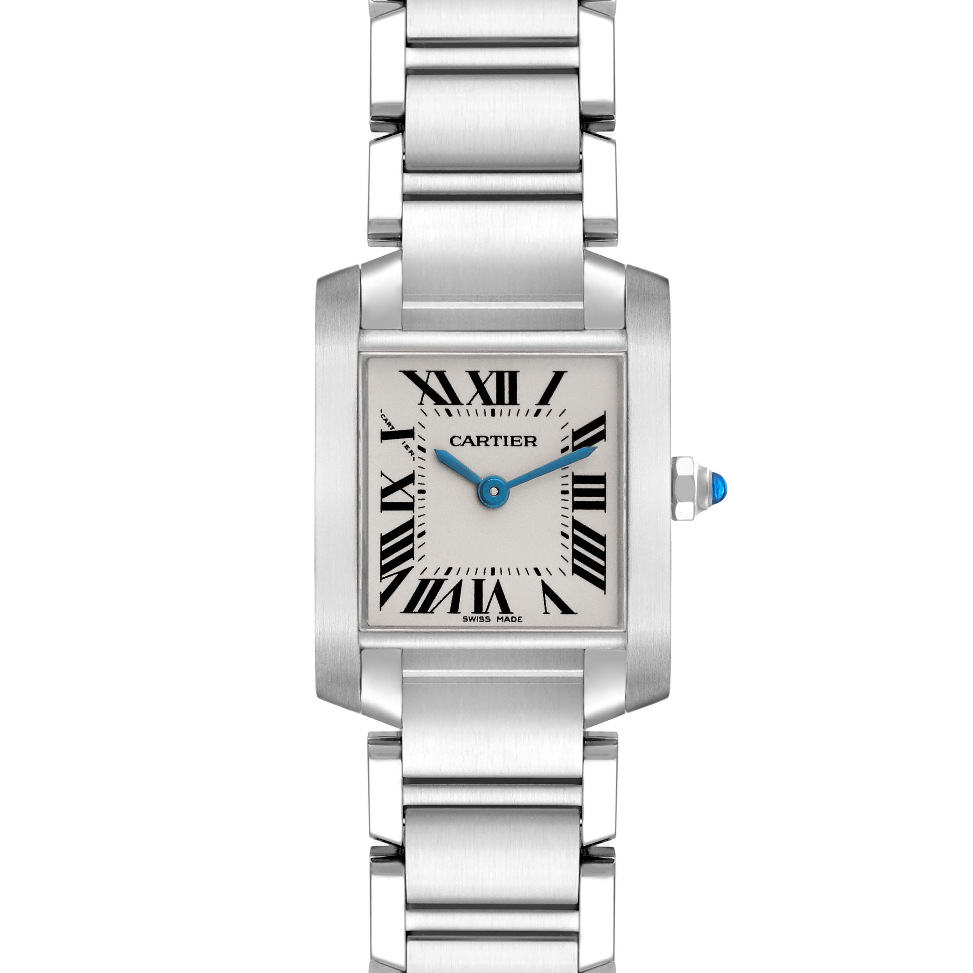 The image shows a front view of the Cartier Tank Francaise W51008Q3 Women's Stainless Steel Silver Dial W51008Q3 Women's Stainless Steel Silver Dial watch, highlighting the face, Roman numerals, and metal bracelet.