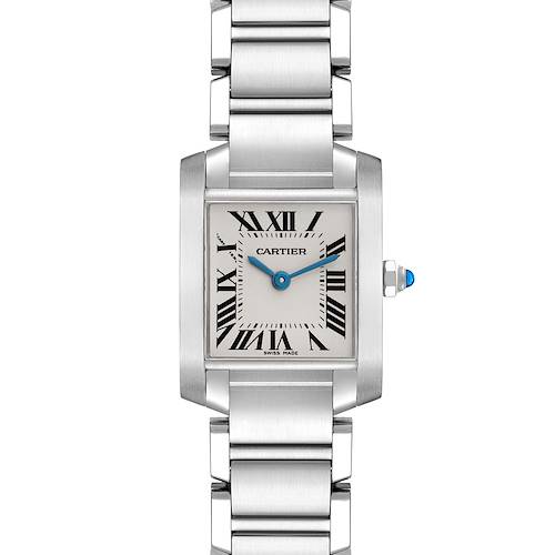 The image shows the Cartier Tank Francaise watch from a top-down angle, highlighting the face, bracelet, and crown.