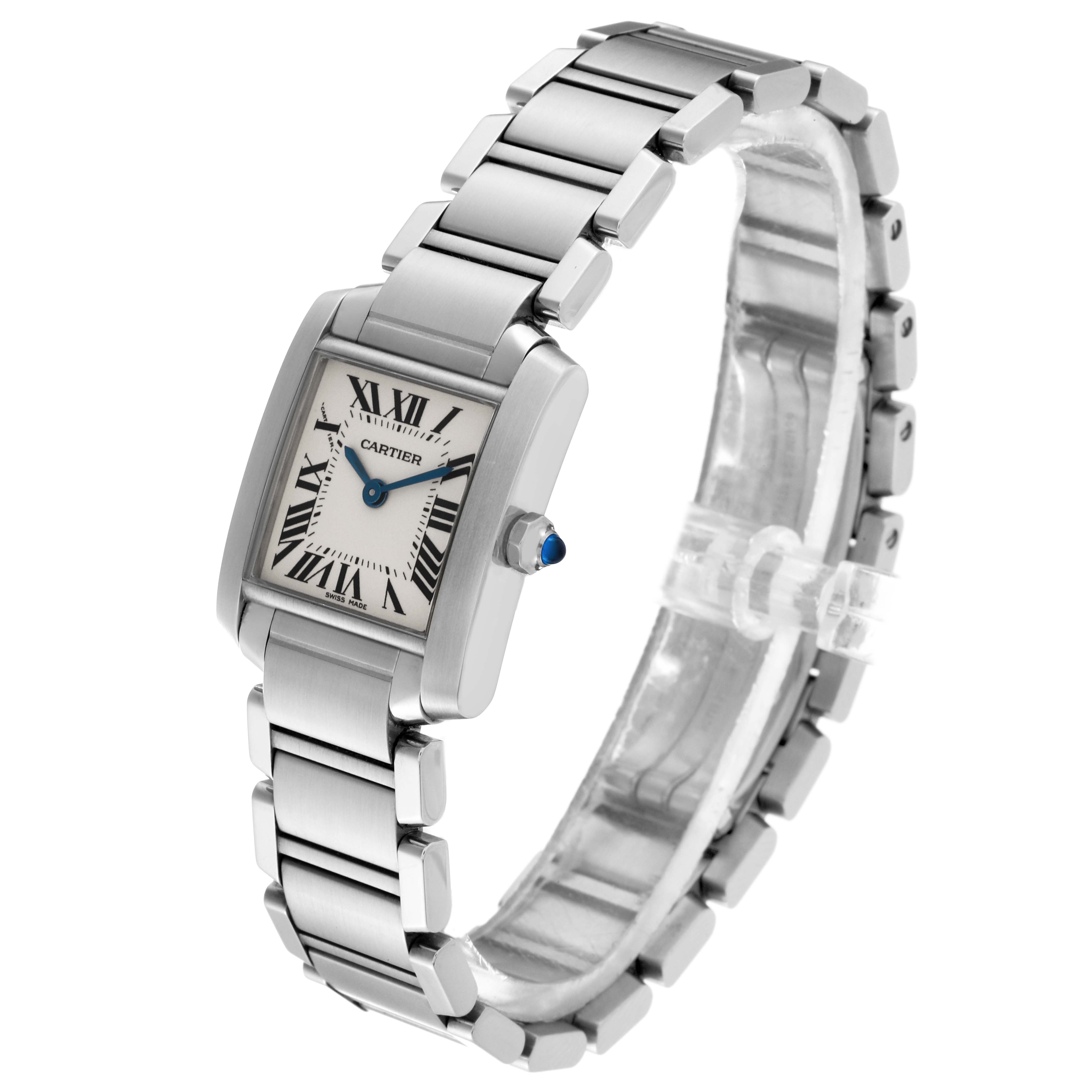 The image shows a Cartier Tank Francaise W51008Q3 Women's Stainless Steel Silver Dial W51008Q3 Women's Stainless Steel Silver Dial watch at an angled side view, highlighting its square face, metal bracelet, and crown with a blue cabochon.