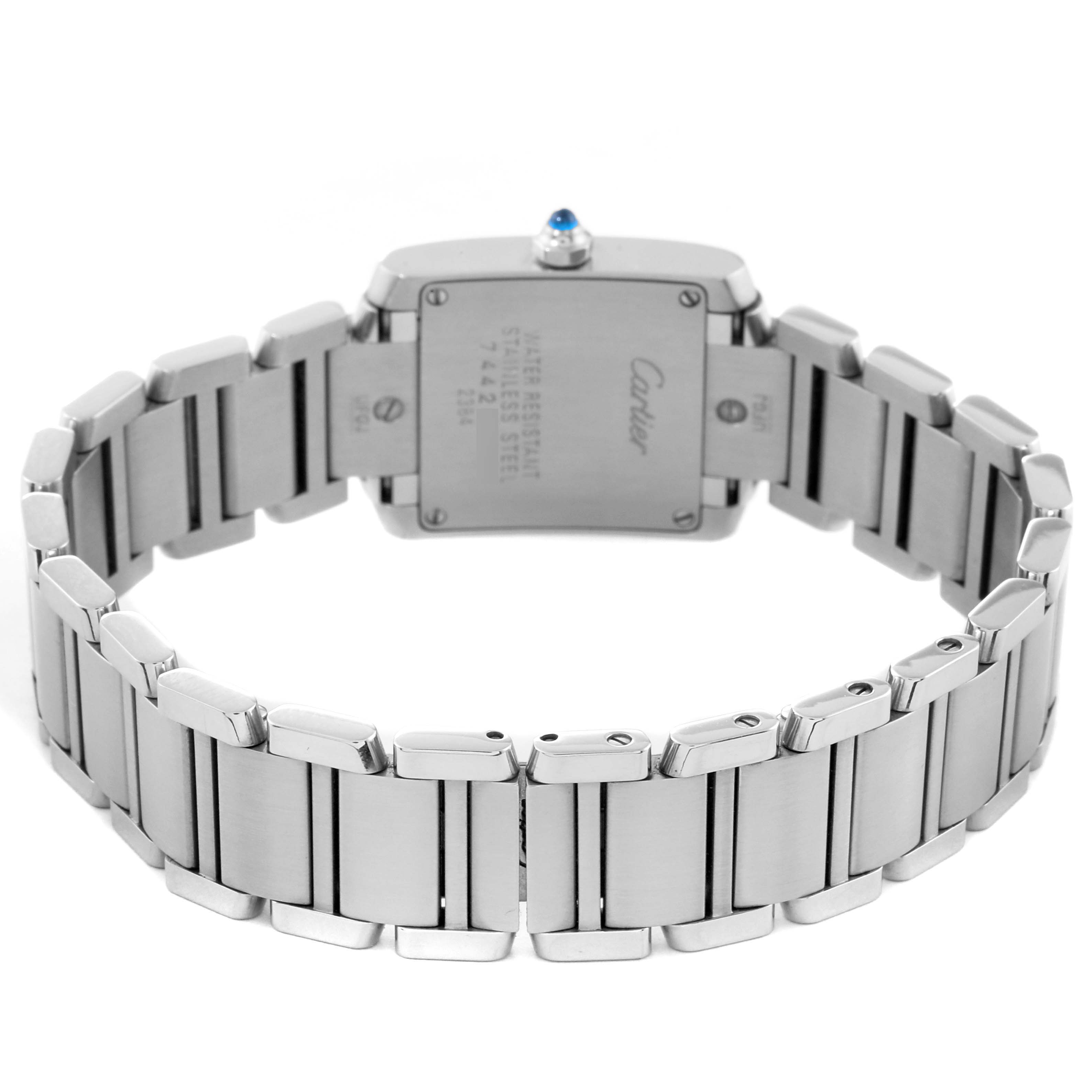 The image shows the back view of the Cartier Tank Française watch, highlighting the bracelet and caseback.