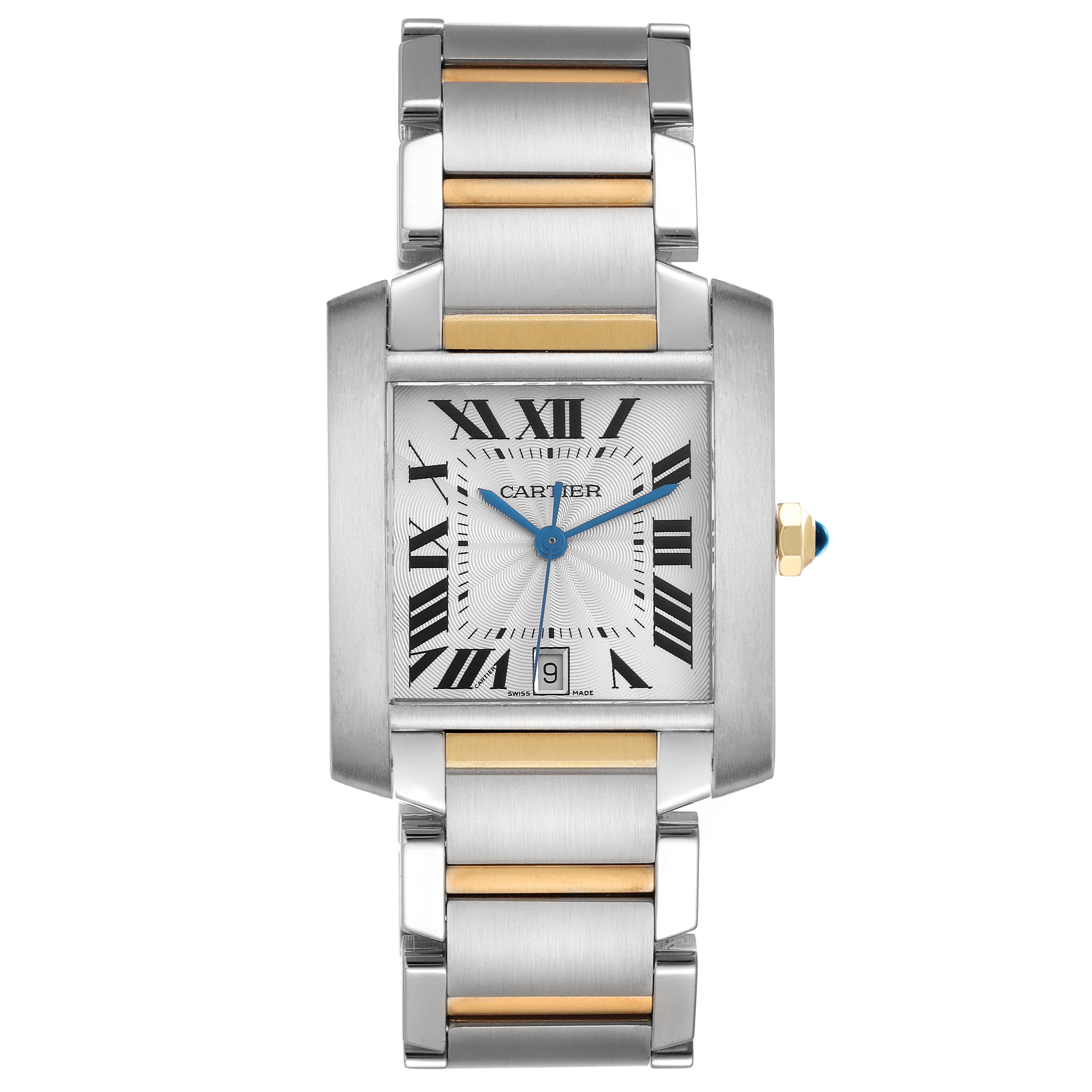 The Cartier Tank Francaise W51005Q4 Men's Steel and Gold (two tone) Silver Dial watch is shown from a front angle, highlighting its two-tone bracelet and rectangular face with Roman numerals.