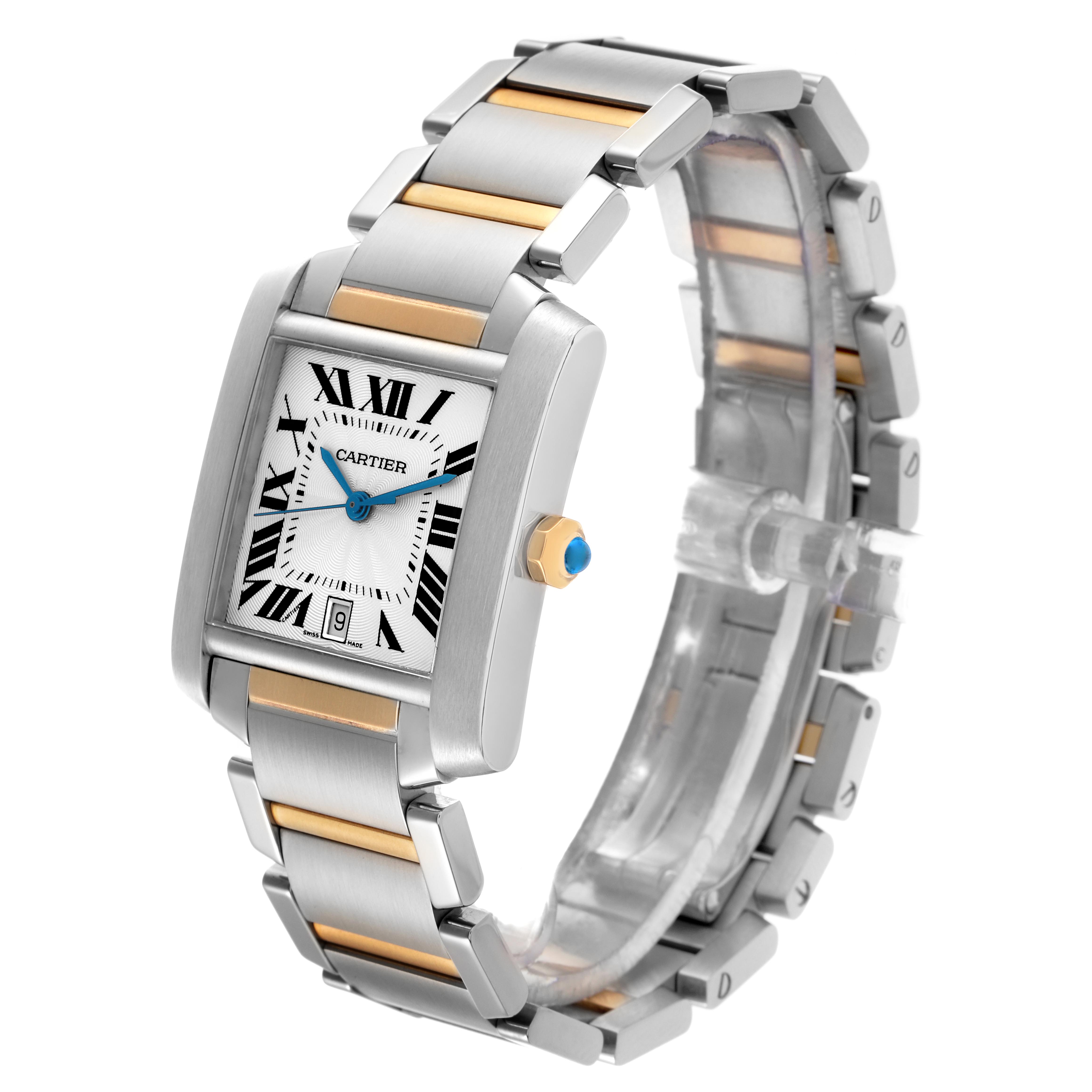 The Cartier Tank Française watch is shown at a three-quarter angle, highlighting its face, bracelet, and crown.