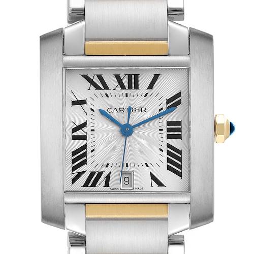 The Cartier Tank Francaise W51005Q4 Men's Steel and Gold (two tone) Silver Dial watch is shown from a front angle, highlighting the dial, Roman numerals, date display, and crown.