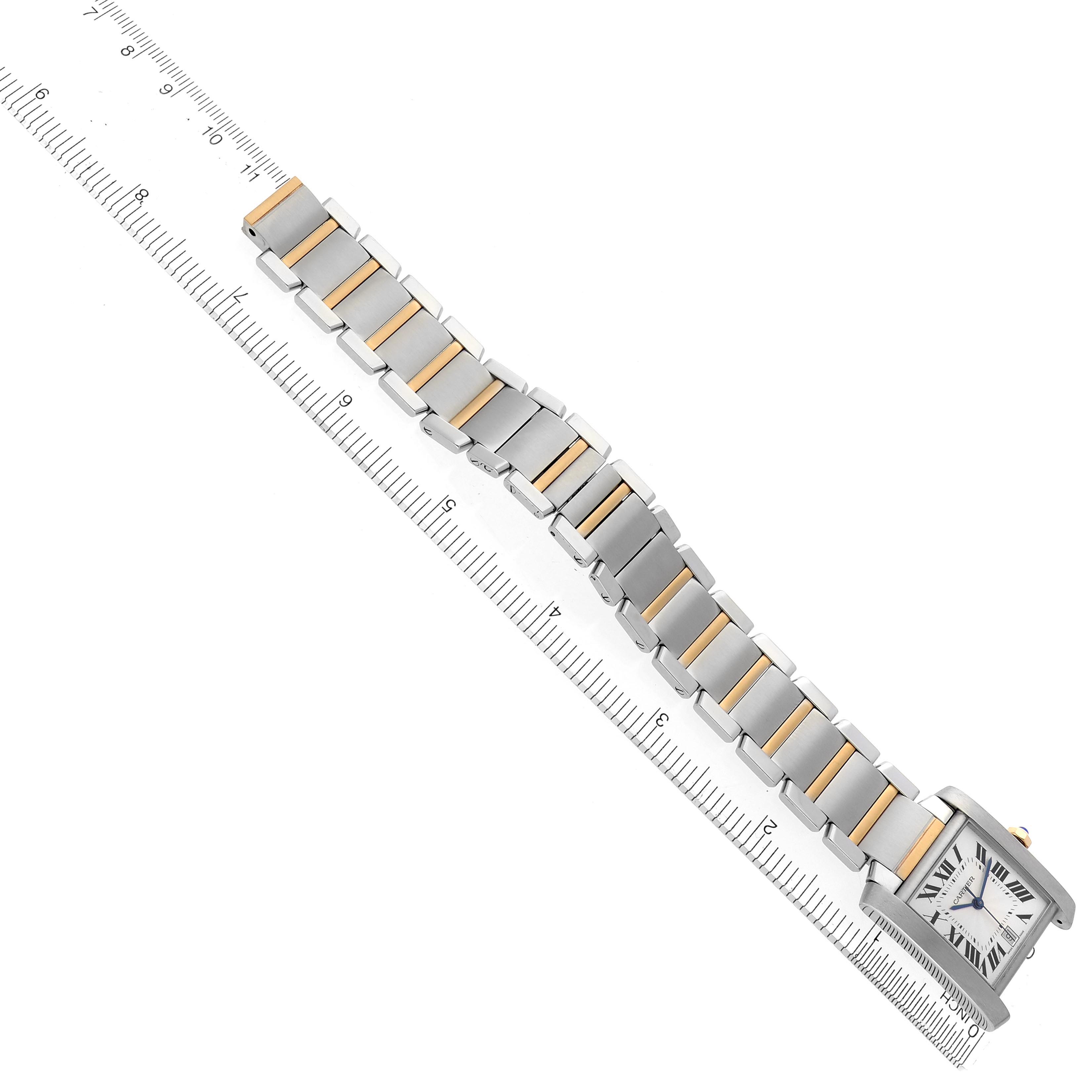 The Cartier Tank Francaise W51005Q4 Men's Steel and Gold (two tone) Silver Dial watch is shown from a top view highlighting its bracelet and rectangular face with Roman numerals.