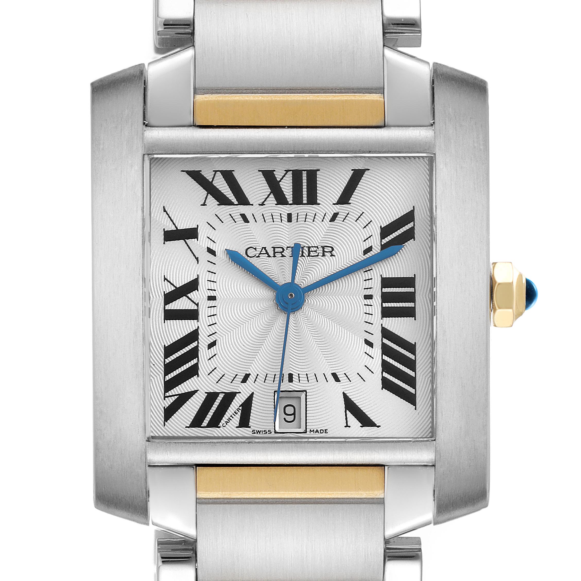 The Cartier Tank Française watch is shown in a close-up frontal view, highlighting the dial, Roman numerals, and blue hands.